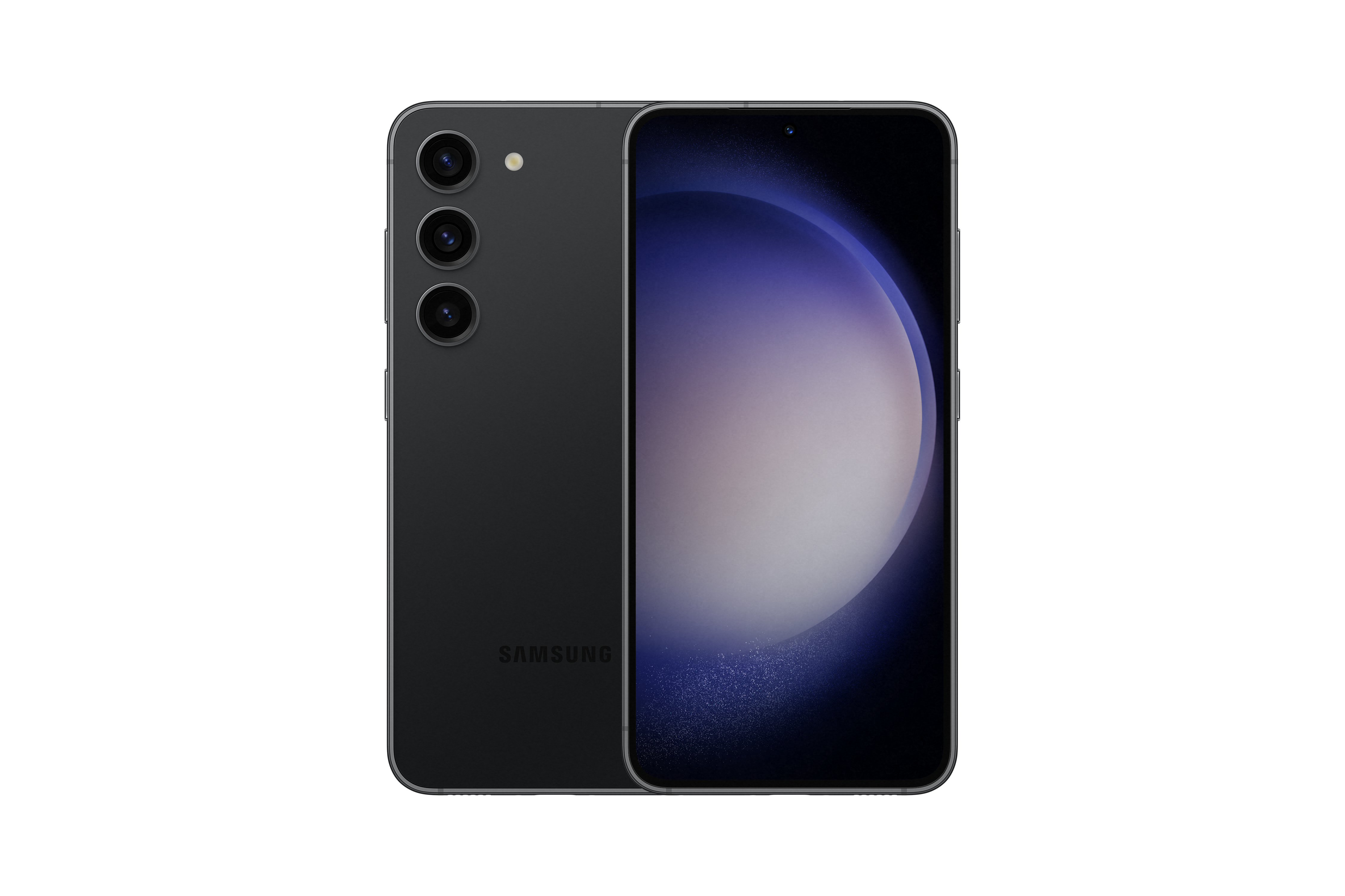 Schwarzes Smartphone mit drei Rückkameras, das die Rückseite und Vorderseite des Telefons zeigt.