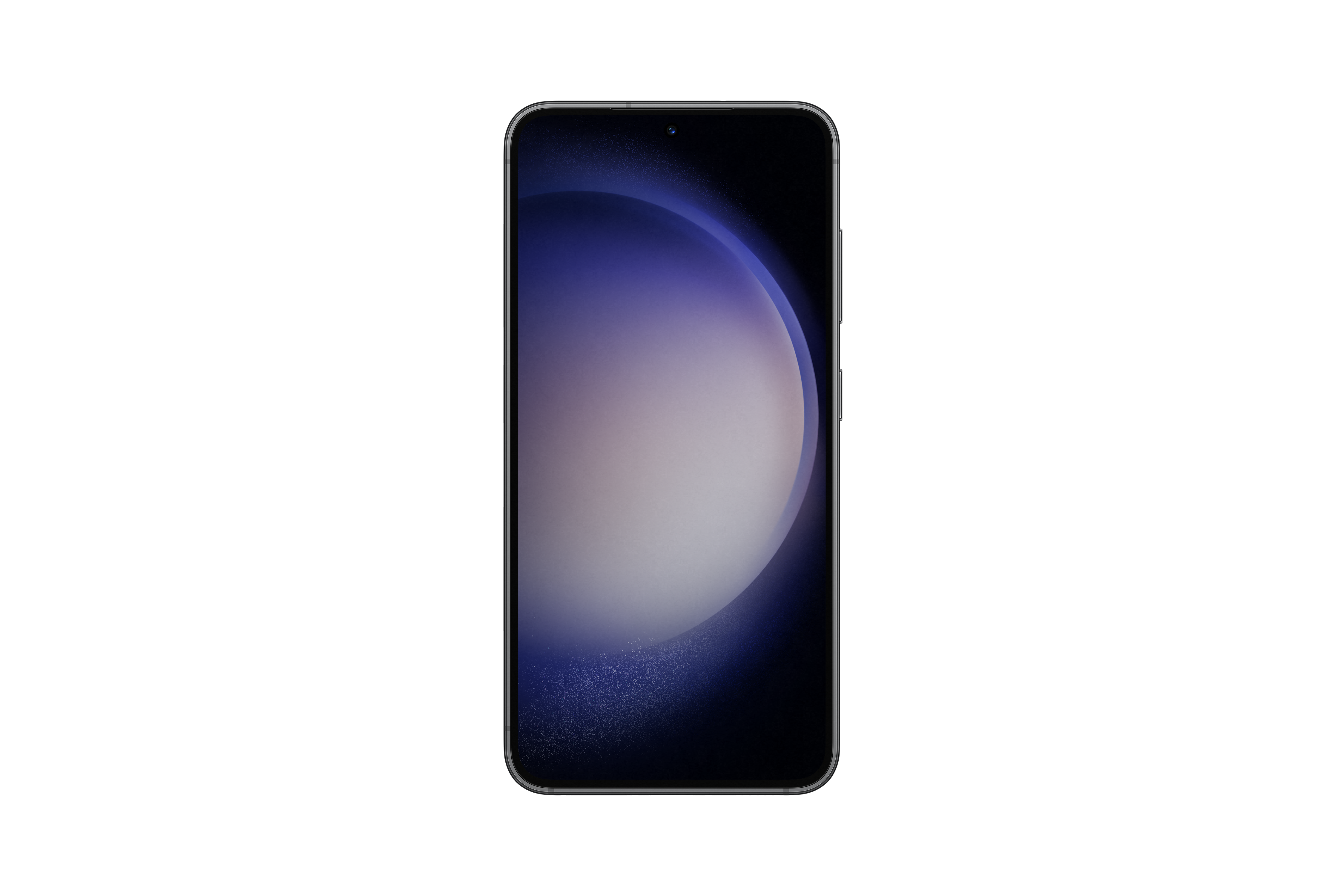 Ein schwarzes Smartphone mit einem Bildschirm, der ein blaues und weißes Design zeigt, wird auf schwarzem Hintergrund gezeigt.