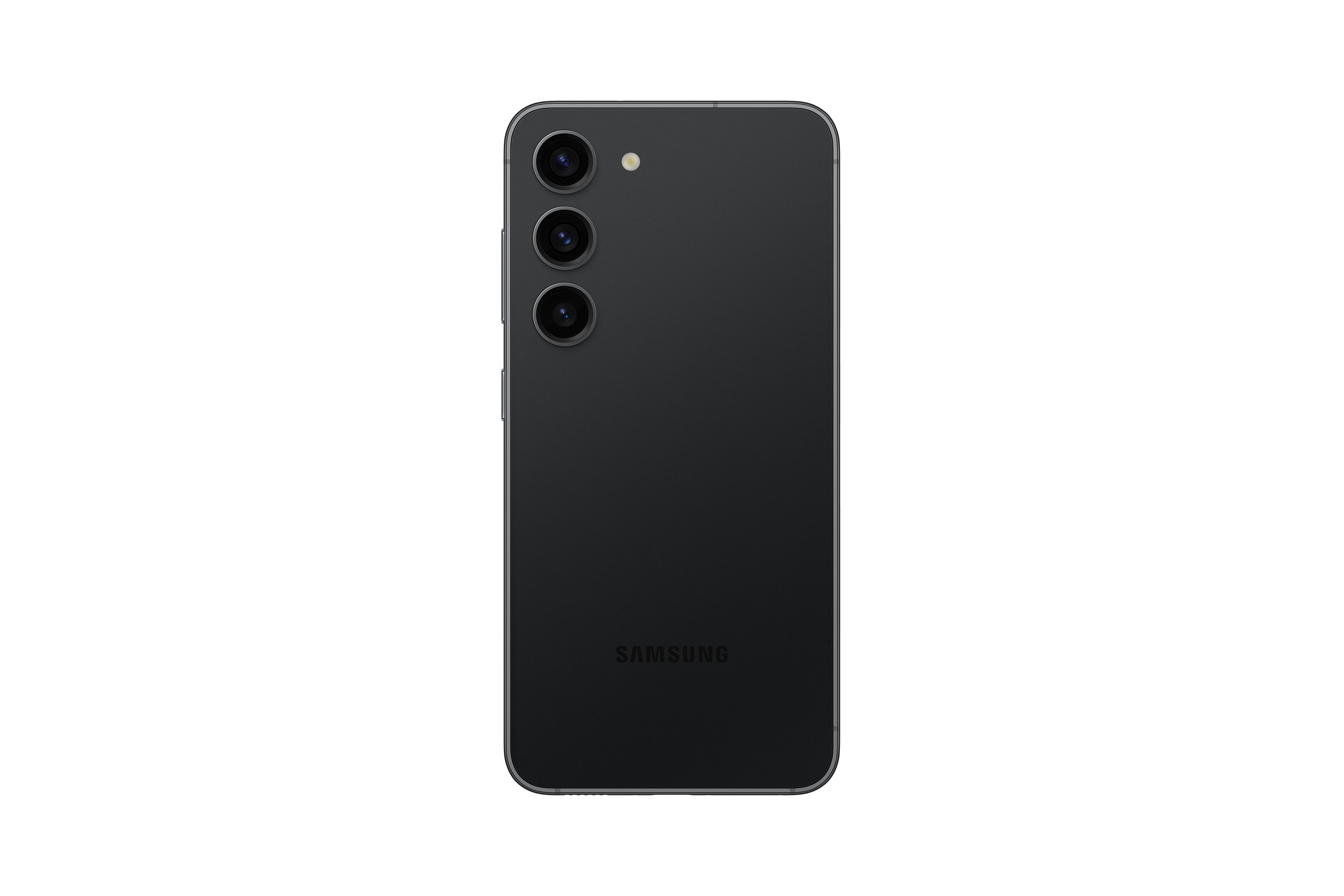 Rückansicht eines schwarzen Samsung Galaxy S23 Telefons.