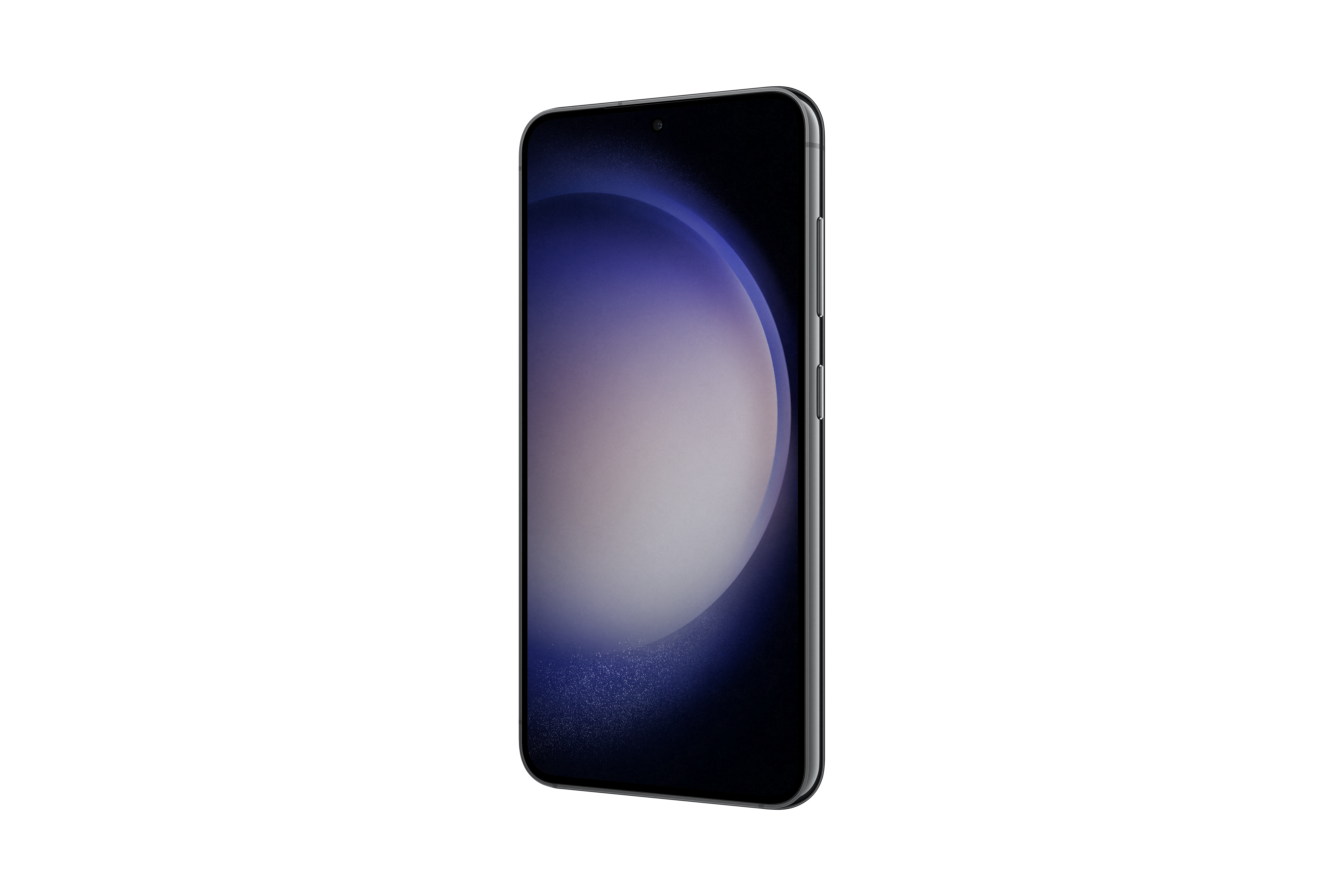 Smartphone mit gebogenem Bildschirm, silbernem Rahmen und dunklem Hintergrund.