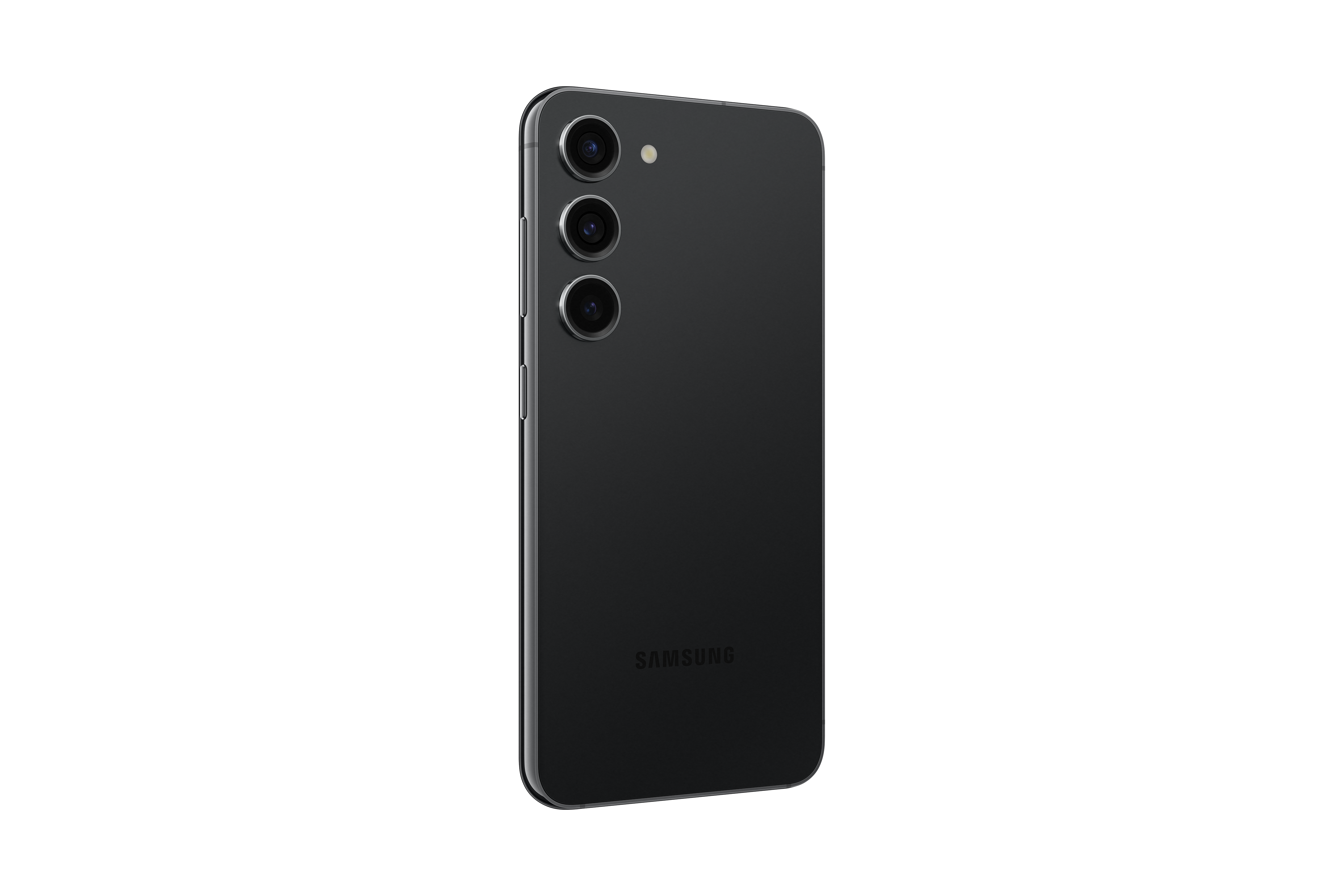 Rückseite eines schwarzen Samsung-Smartphones mit drei Kameras. Das Telefon befindet sich vor einem schwarzen Hintergrund.