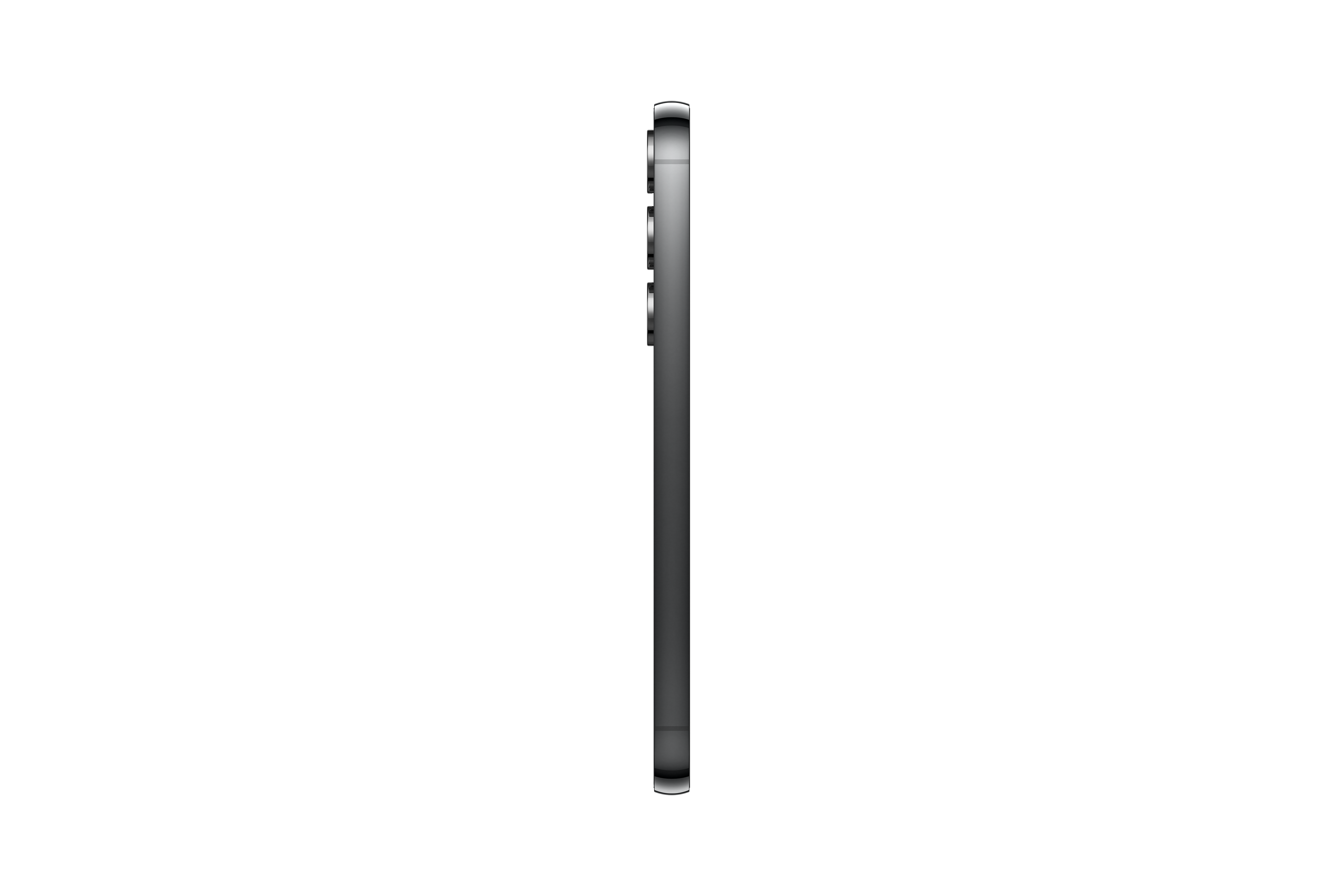 Seitenansicht eines schlanken, schwarzen Smartphones vor schwarzem Hintergrund.