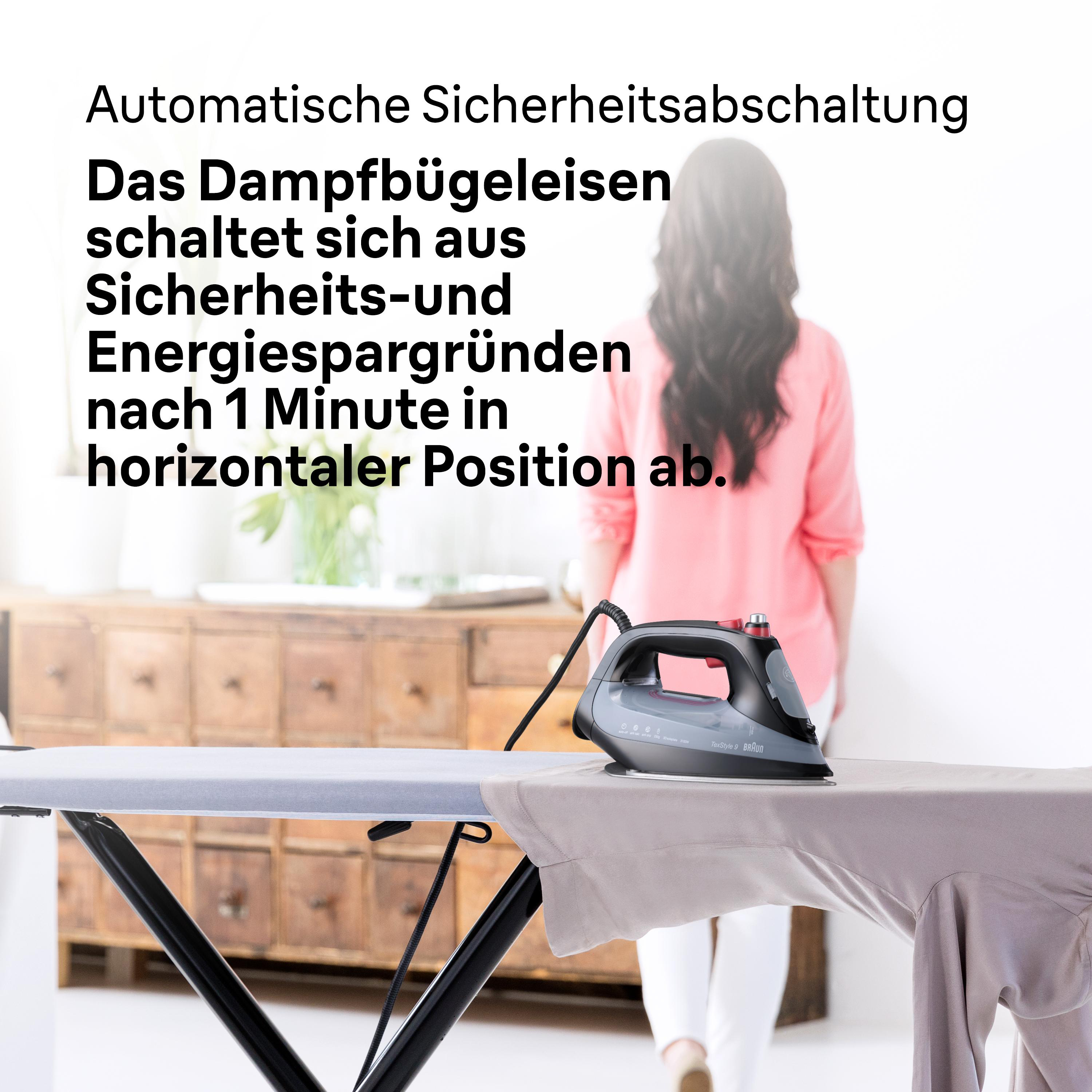 Eine Person bügelt mit einem Bügeleisen, Text über automatische Abschaltung.