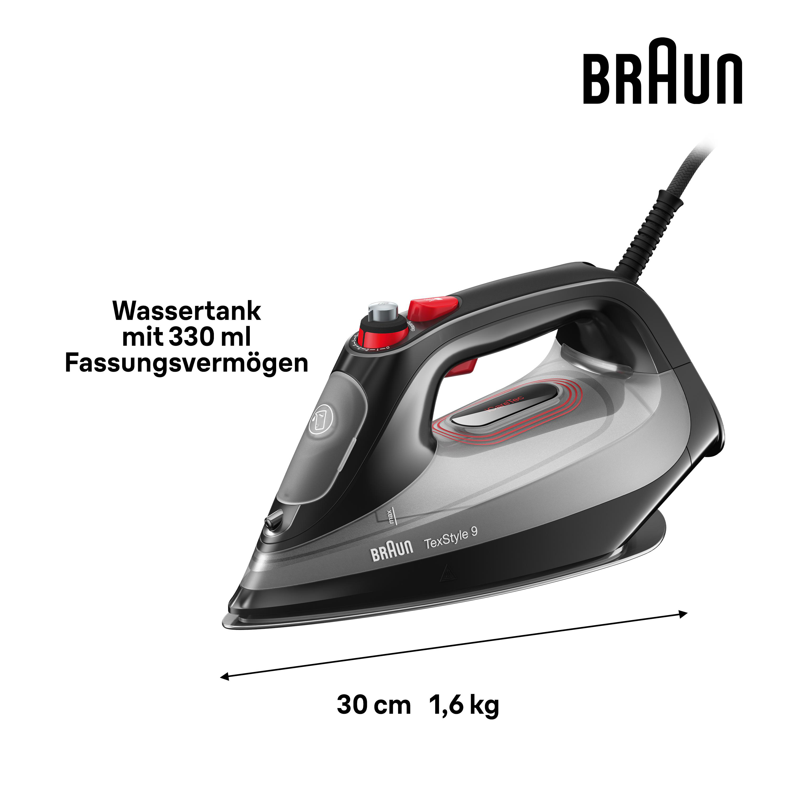 Schwarz-graues Bügeleisen mit Abmessungen und Wassertext.