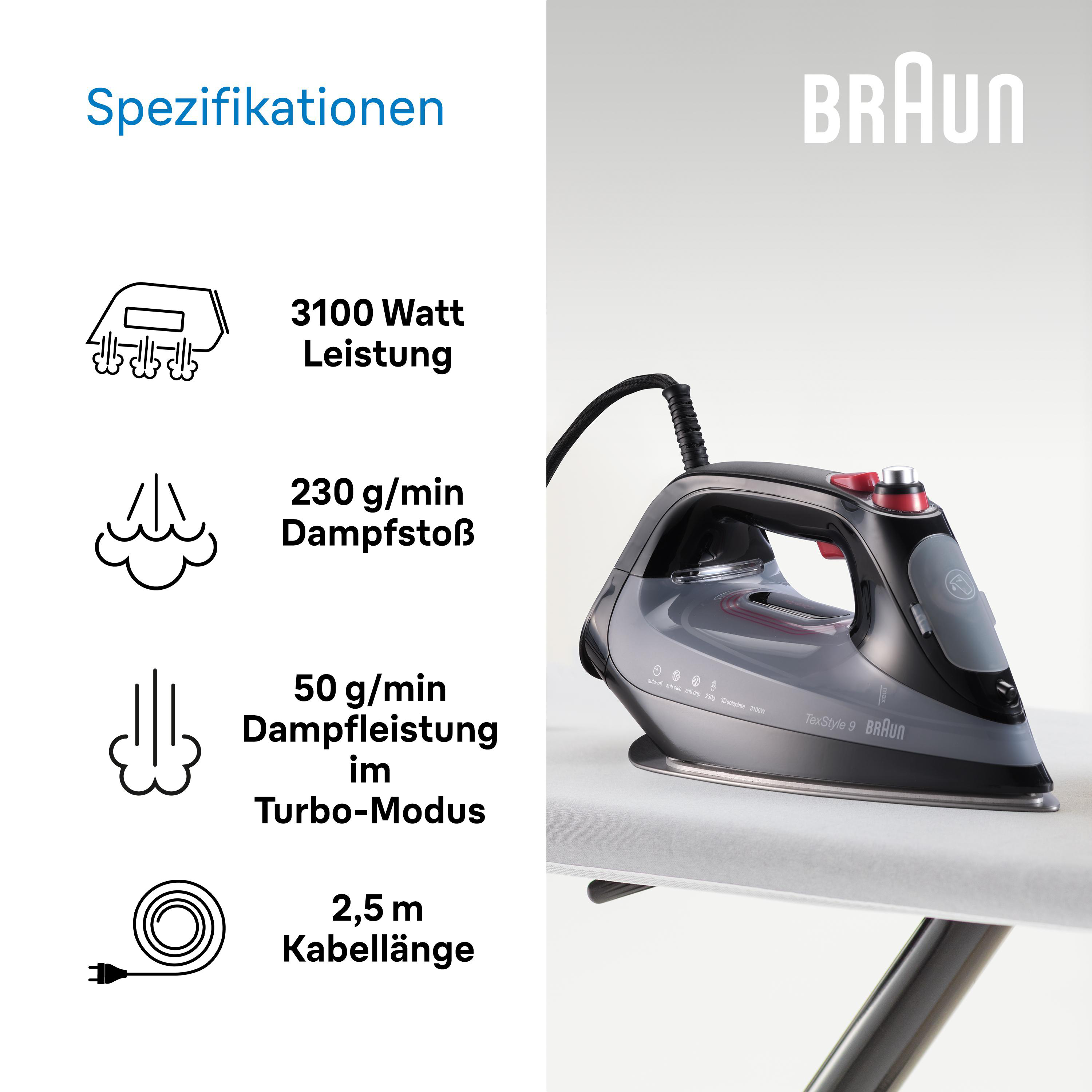 Schwarz-graues Bügeleisen mit Spezifikationstabelle: Leistung, Dampf und Kabellänge.