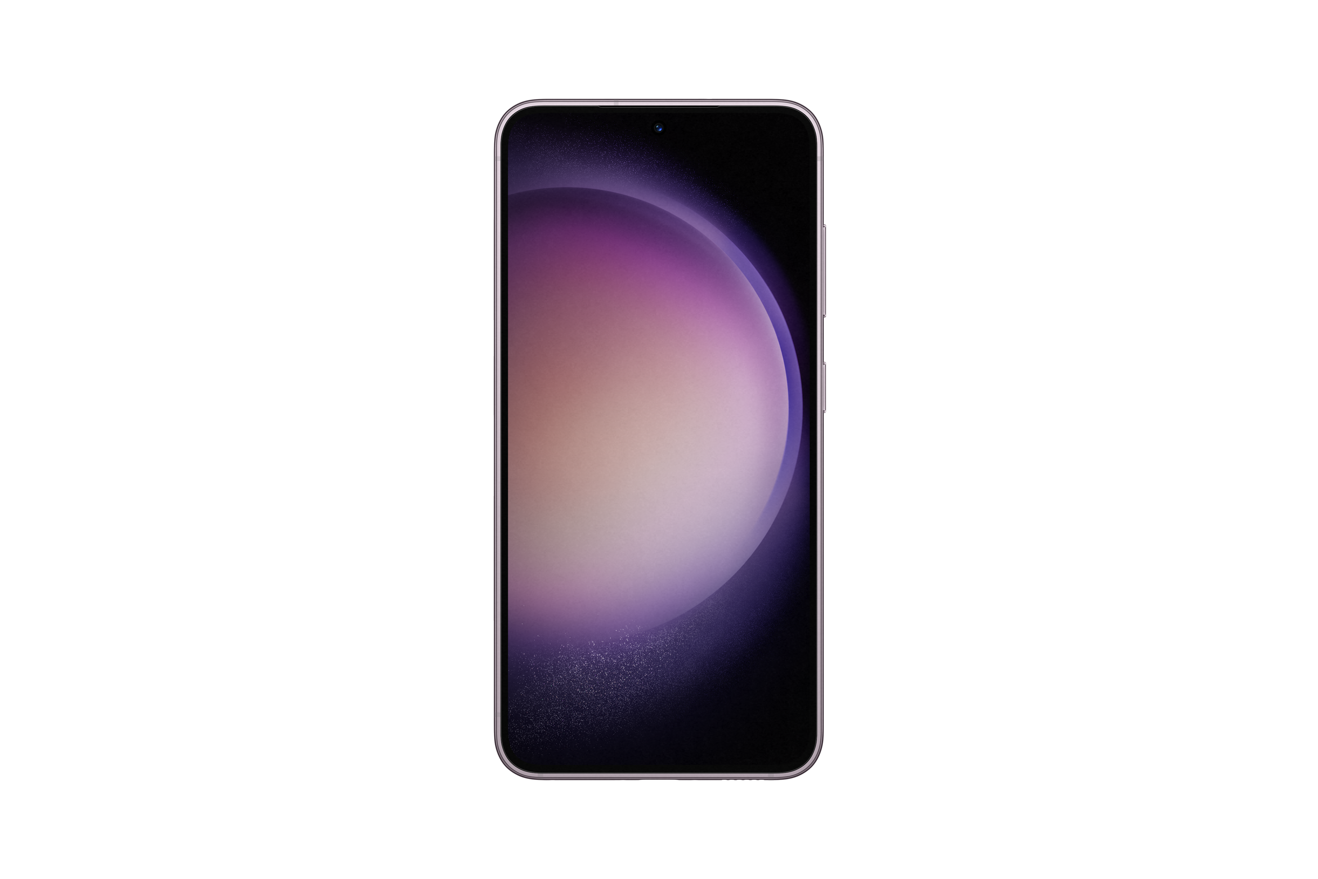 Ein schwarzes Samsung-Telefon mit einem Bildschirm, der einen lila-beigen Farbverlauf auf schwarzem Hintergrund zeigt.