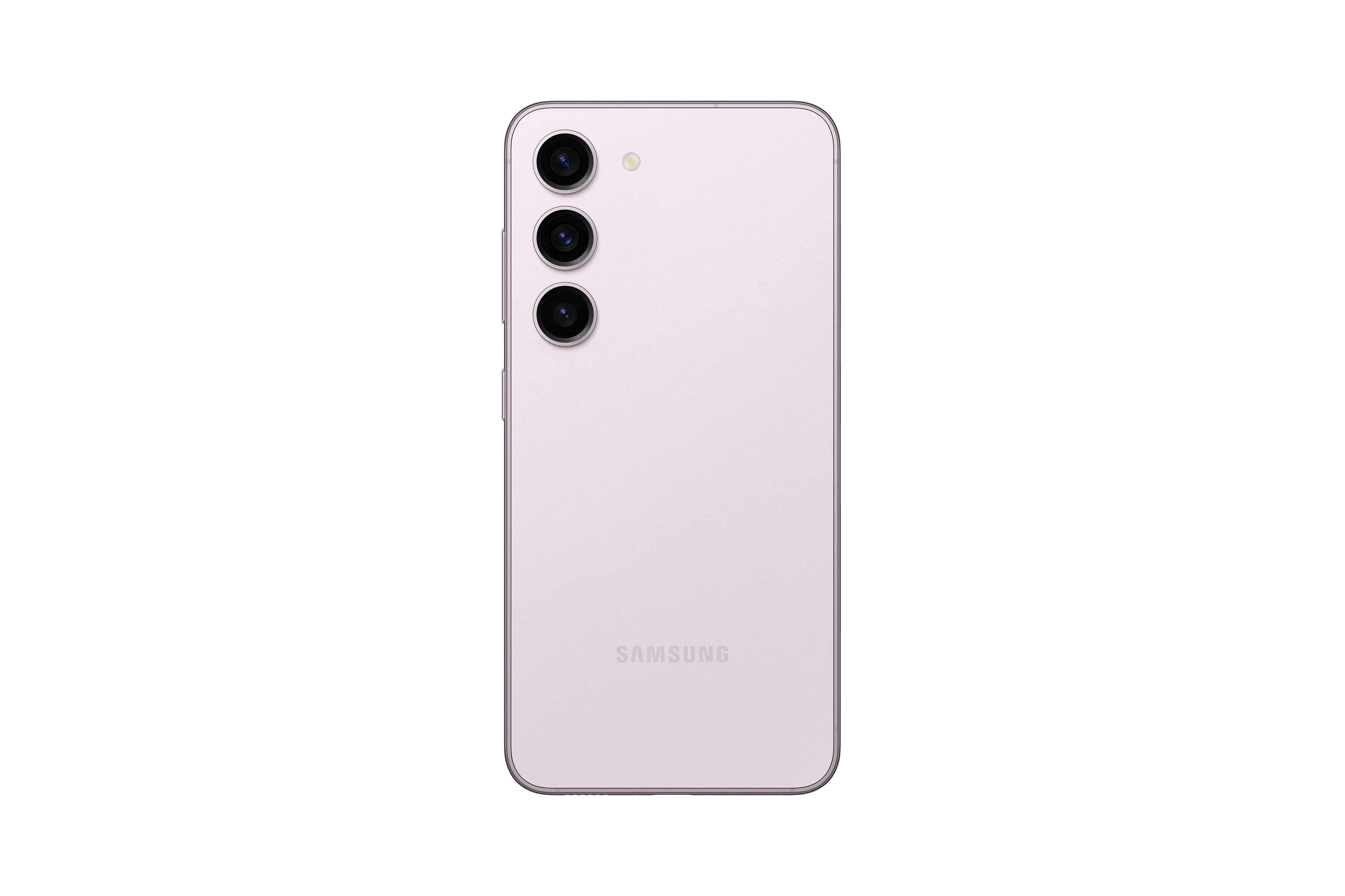 Die Rückseite eines hellvioletten Samsung-Telefons mit drei vertikal ausgerichteten Kameras.