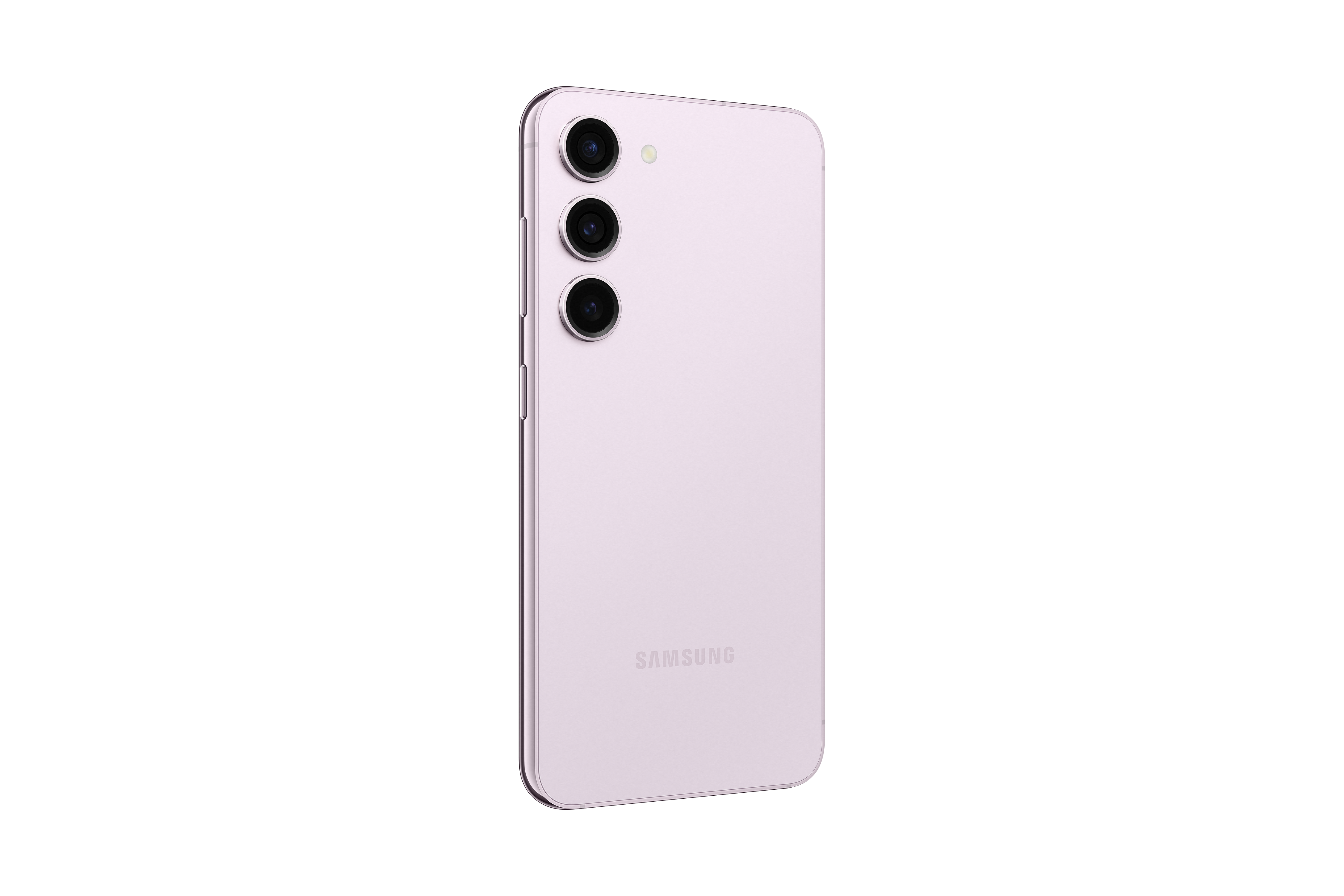 Ein pinkfarbenes Samsung-Telefon. Es hat drei Kameras. Das Samsung-Logo ist sichtbar.