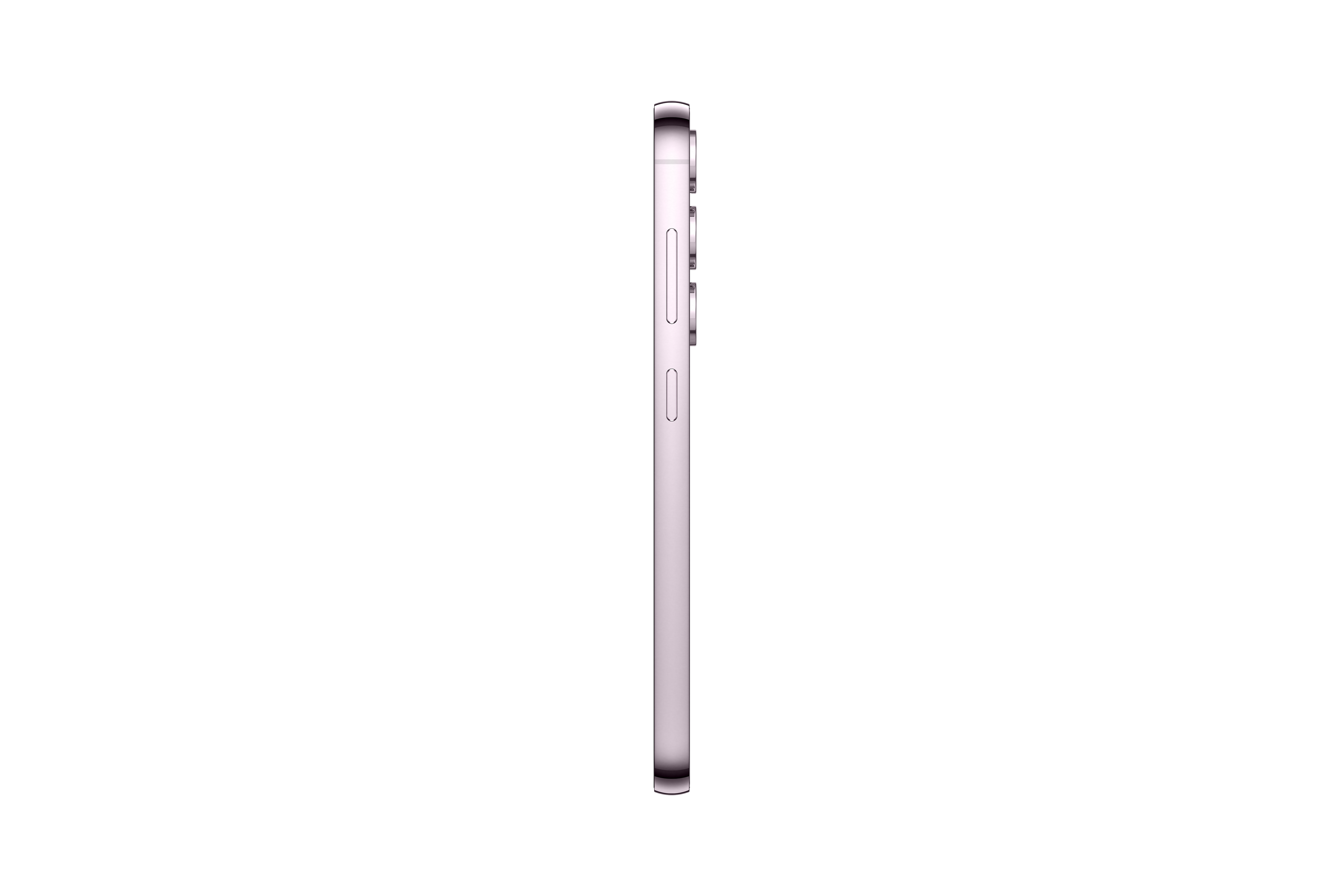 Ein Smartphone im Profil, mit helllila Finish, vor komplett schwarzem Hintergrund.
