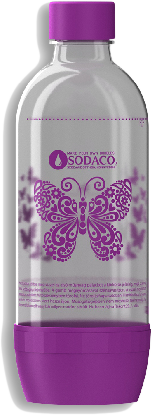 SODACO 500410 Szénsavasító flakon otthoni Basic és Royal szódagéphez, 1 liter, rózsaszín, pillangó minta