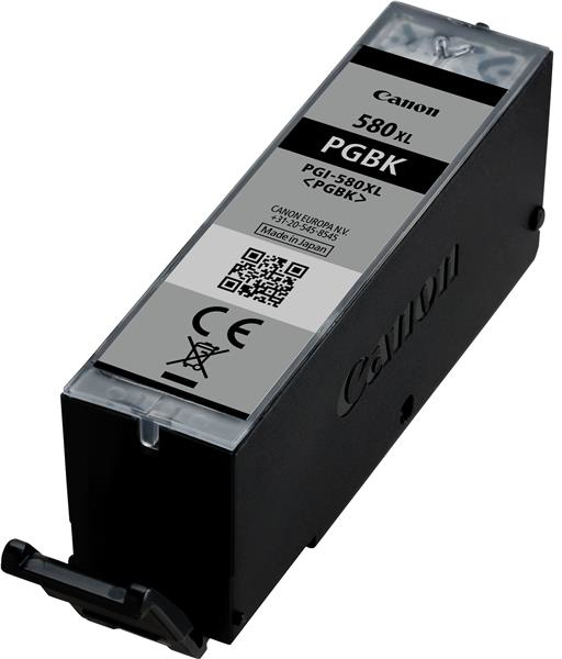 Une cartouche d'encre Canon étiquetée '580XL PGBK', avec le logo Canon et les informations sur le produit.