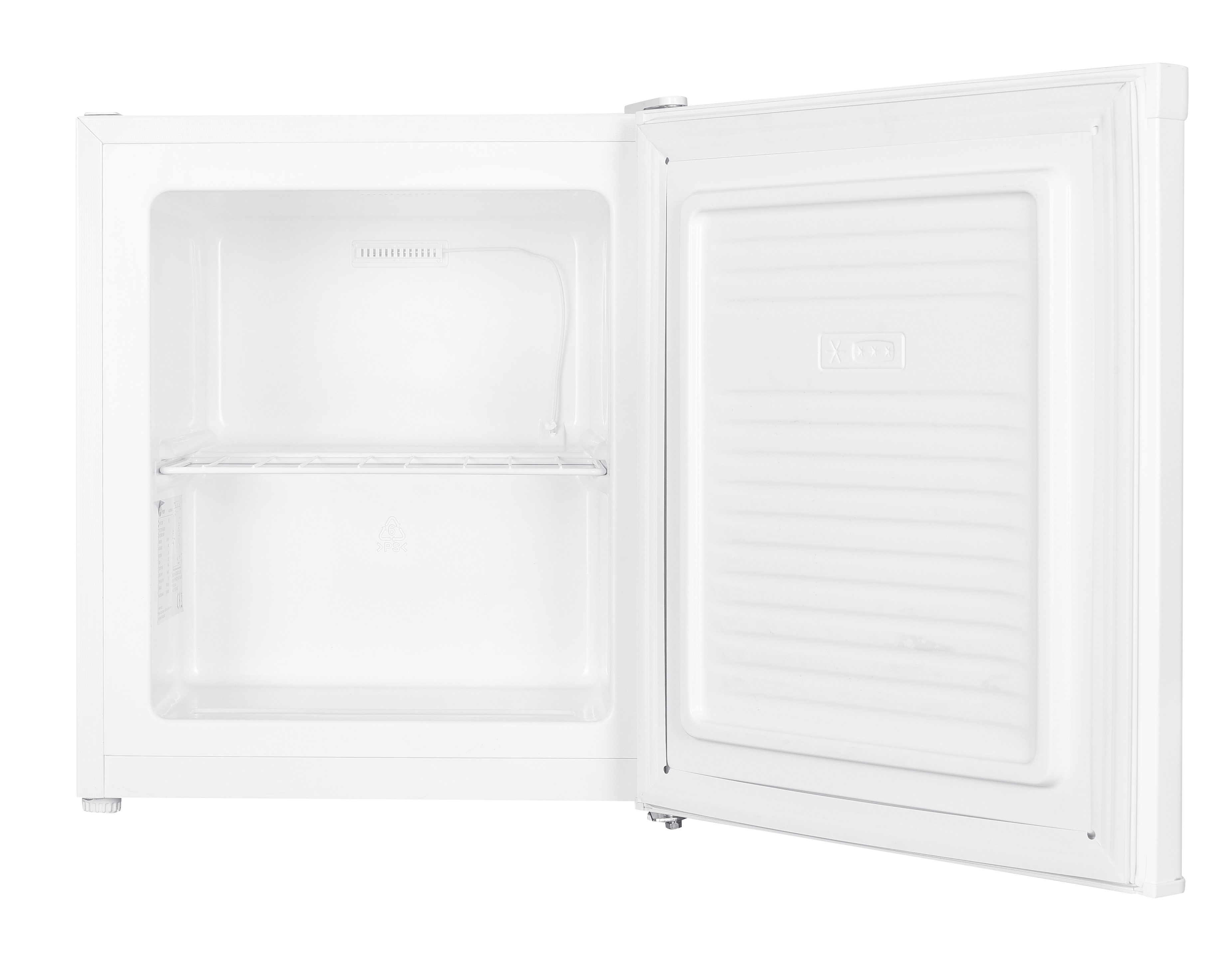 Mini-nevera blanca con la puerta abierta. Dentro, tiene un estante y un compartimento de almacenamiento. Interior blanco.