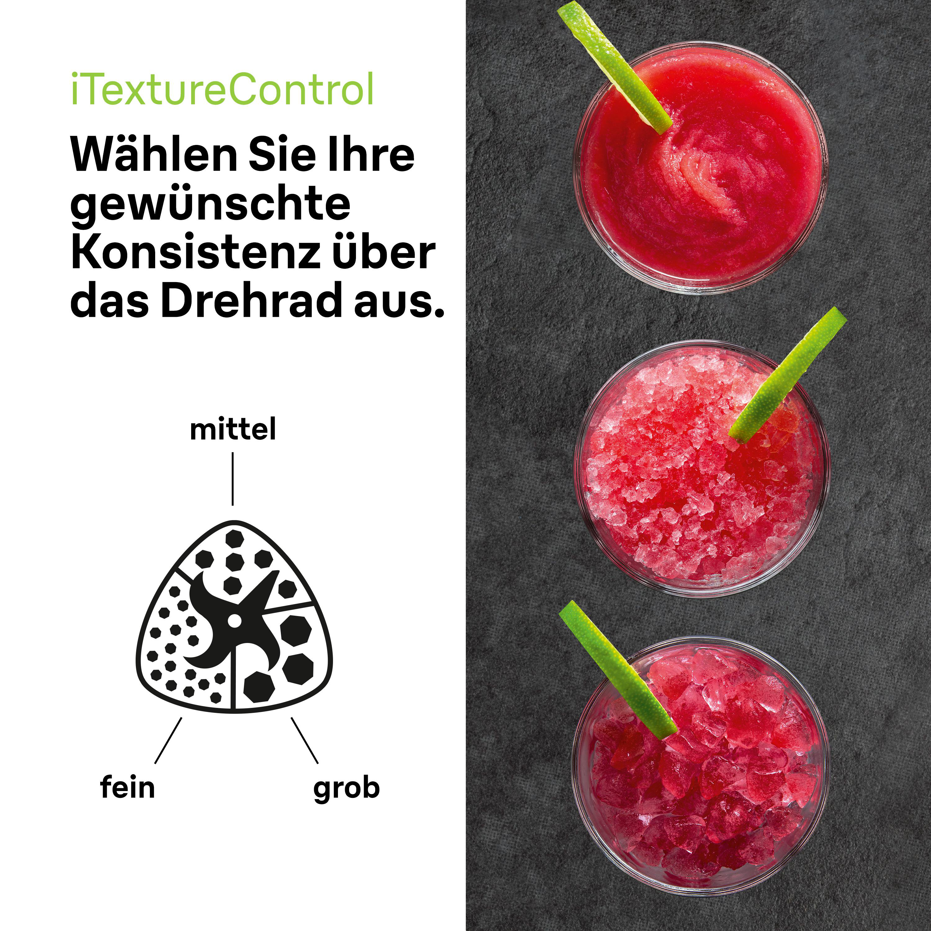 Drei Getränke. Oben: roter Slushy mit Limette. Mitte: rosa Slushy. Unten: roter Slushy. Schwarzer Hintergrund.