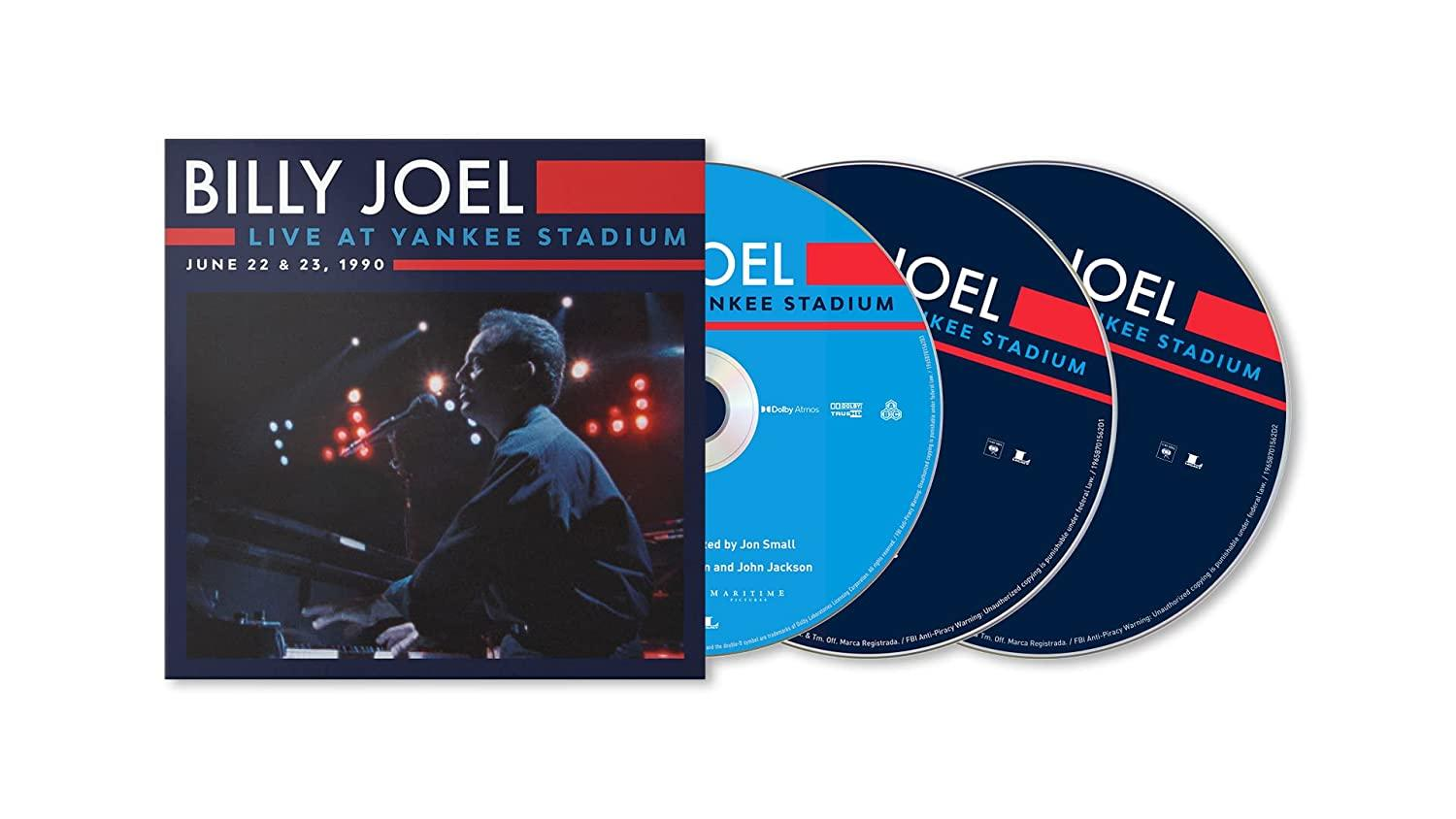 Egy Billy Joel album borítója a "Live at Yankee Stadium" felirattal és három CD-vel.
