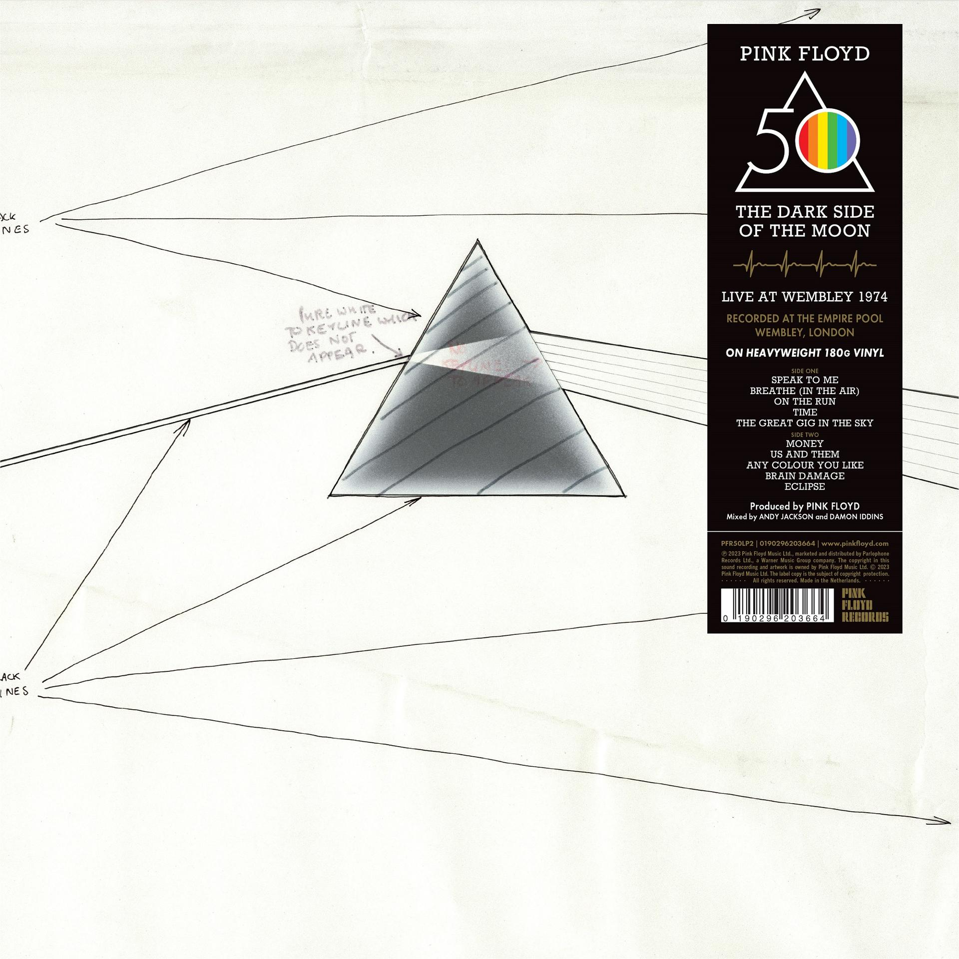 Pink Floyd Albumcover. Ein weißer Hintergrund mit einem Dreiecksprisma und Albumdetails.