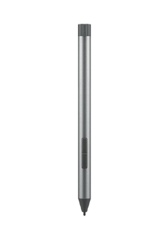 Un lápiz óptico Lenovo plateado con un botón rectangular y una punta negra.