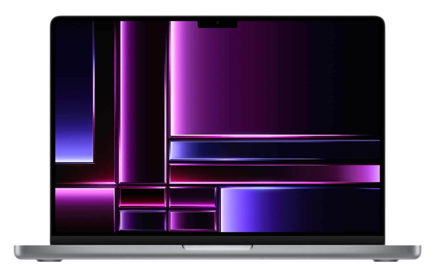 Écran d'ordinateur portable avec un design géométrique violet et rose sur fond noir.