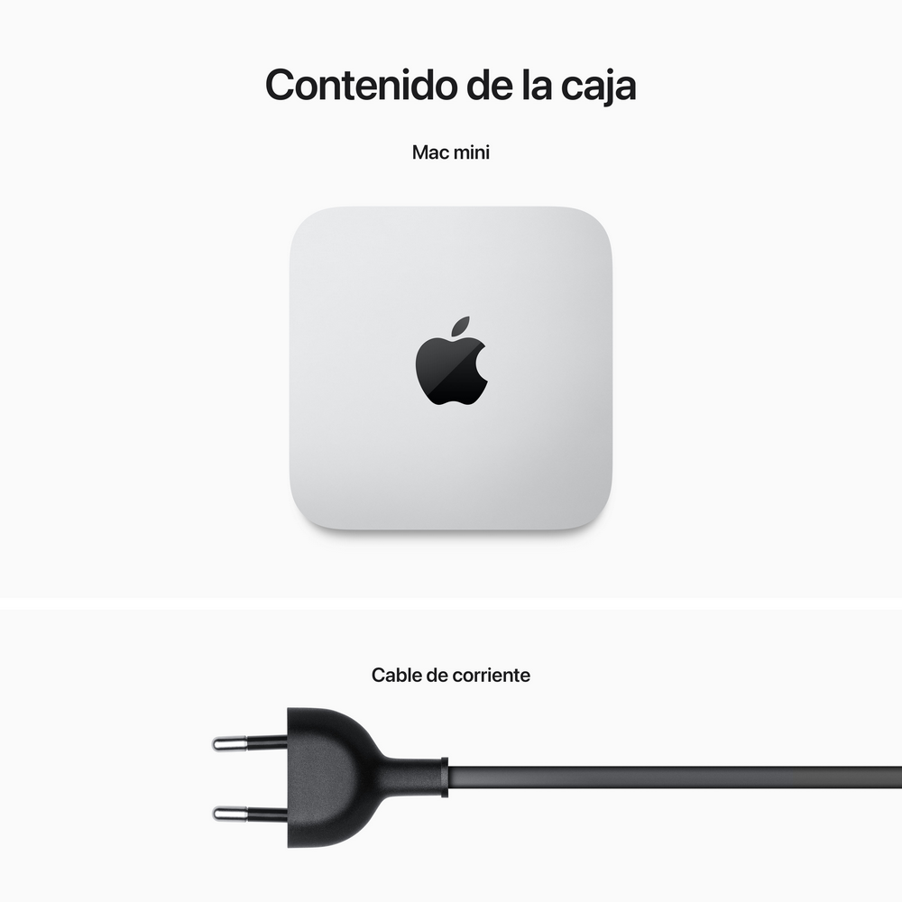 Apple Mac Mini y cable de alimentación, presentados sobre fondo blanco con texto.