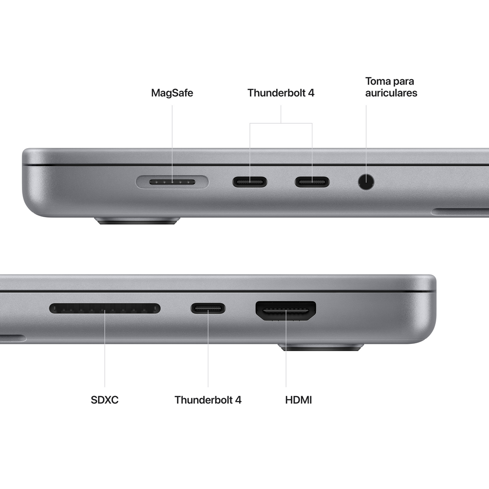 Primer plano del lateral de un portátil, mostrando puertos: MagSafe, Thunderbolt 4, toma auriculares, SDXC, HDMI.