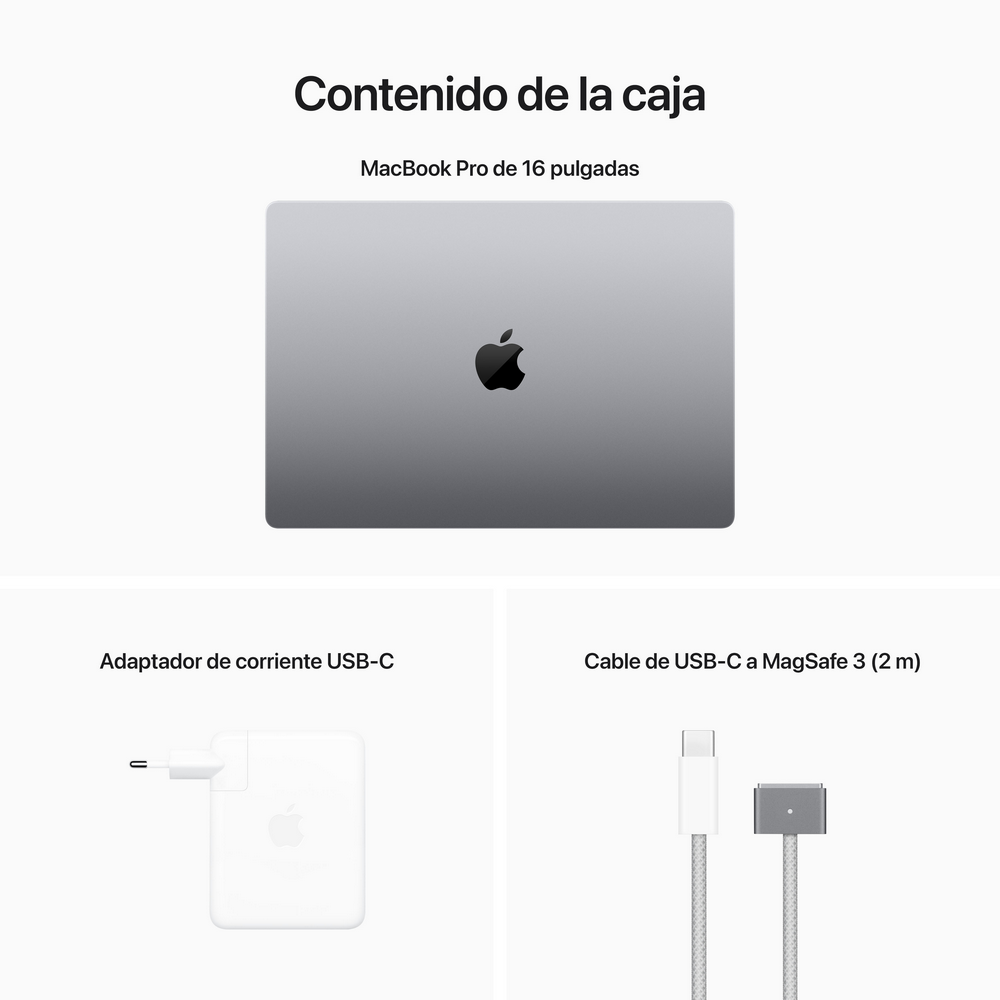 Fondo blanco con MacBook Pro, adaptador de corriente y cable USB-C. Logo Apple visible.