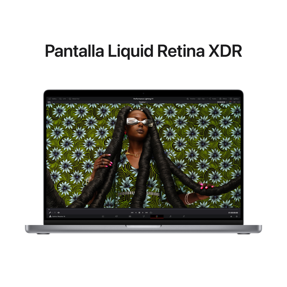 Una laptop muestra a una mujer con largas trenzas frente a un fondo estampado.