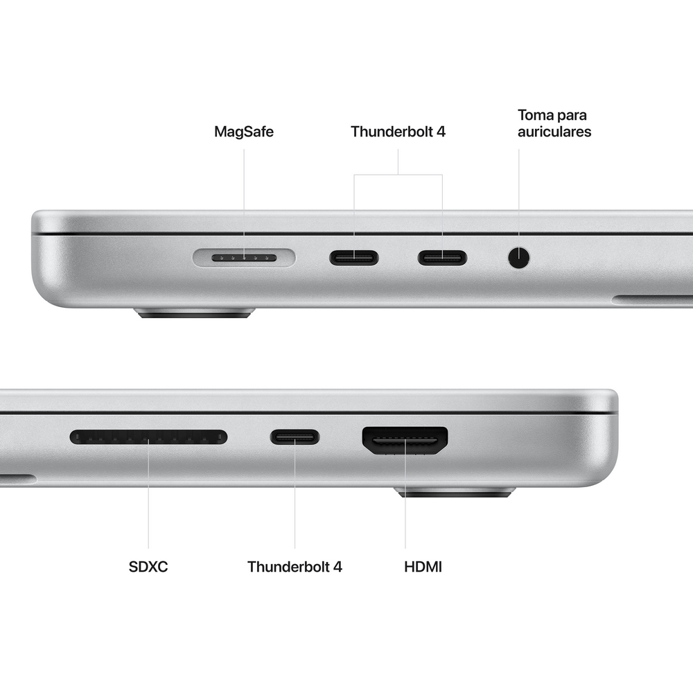 Vista lateral del portátil con puertos: MagSafe, Thunderbolt, conector para auriculares, SDXC, HDMI.
