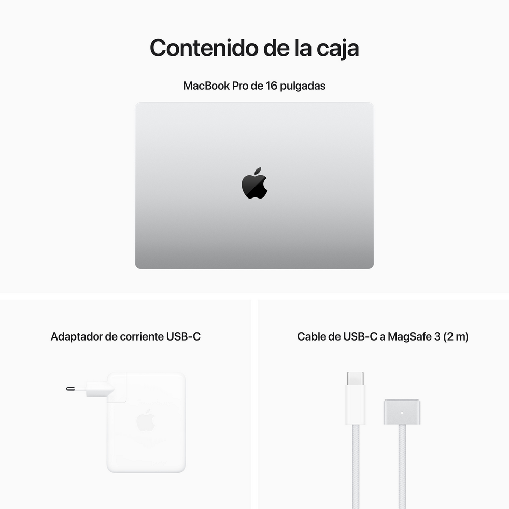 MacBook Pro, adaptador de corriente USB-C y cable USB-C a MagSafe 3, sobre fondo blanco.