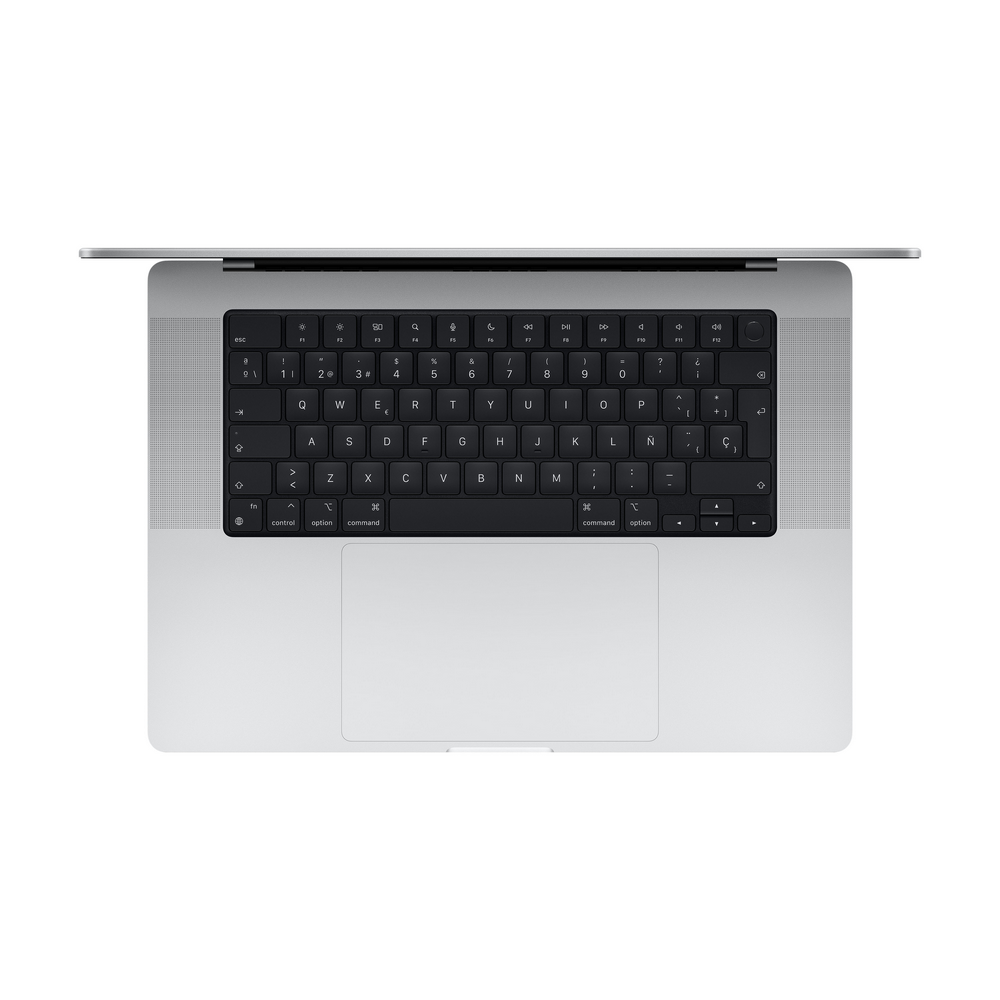 Teclado de portátil, vista superior. Marco plateado, teclas negras. Logotipo de Apple en el centro.