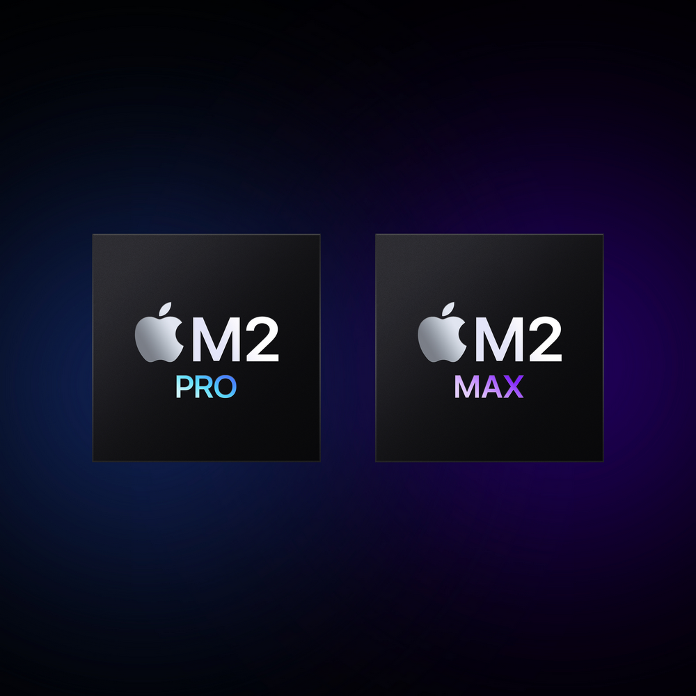 Dos cuadrados negros con logos de Apple y texto: M2 PRO y M2 MAX, fondo degradado.