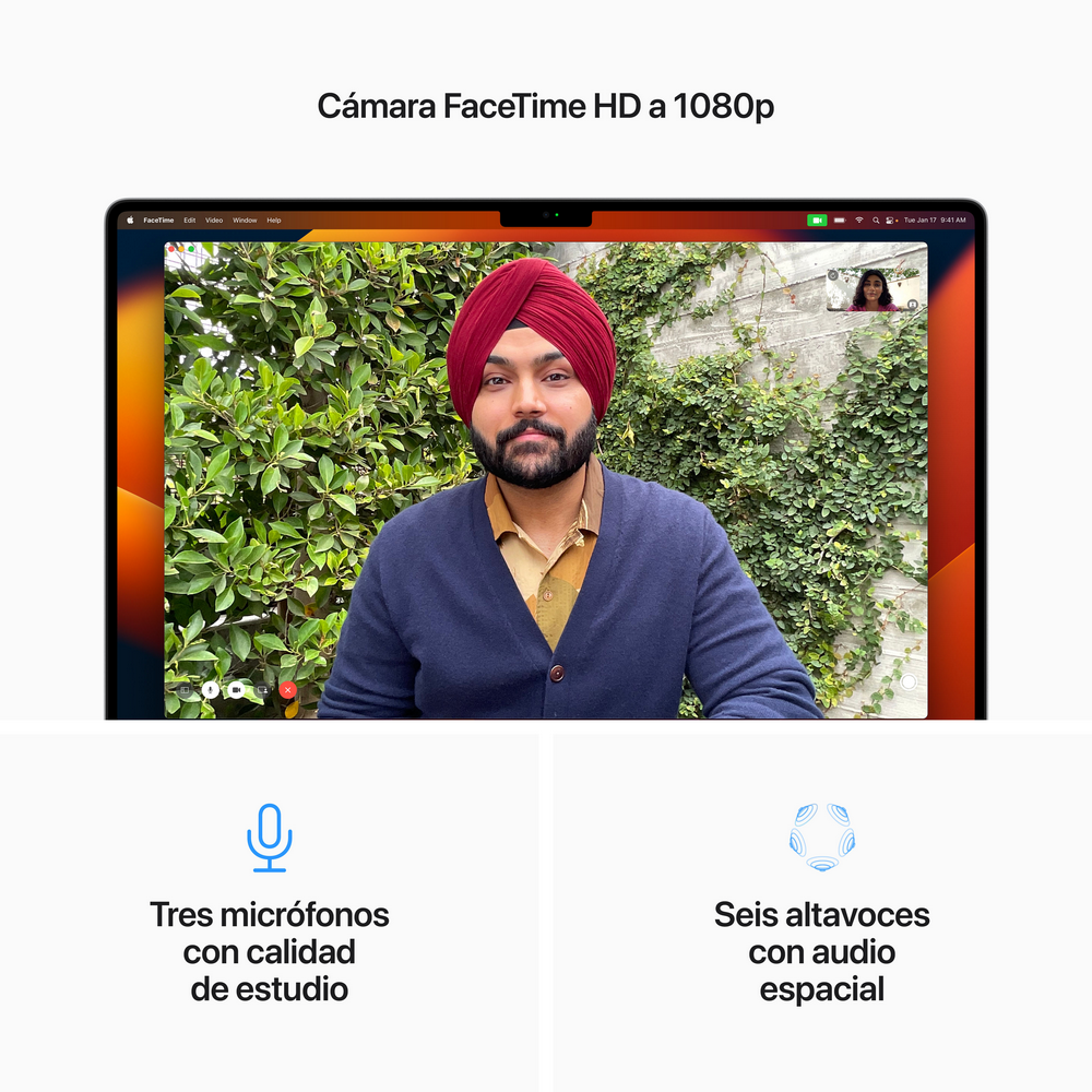 Una videollamada en la pantalla de un portátil con un hombre con turbante. Texto en español en la parte inferior.