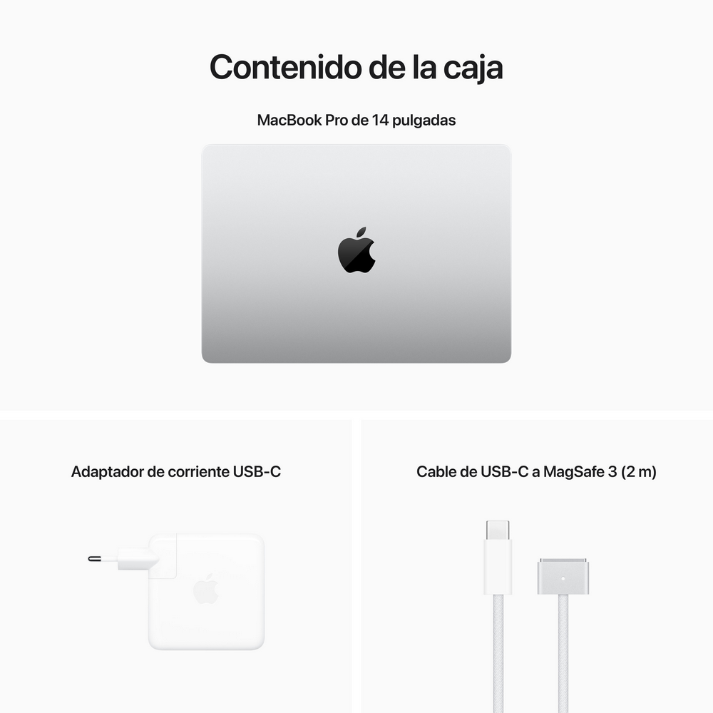 Contenido de la caja del MacBook Pro. Incluye portátil, cargador y cable USB-C a MagSafe.