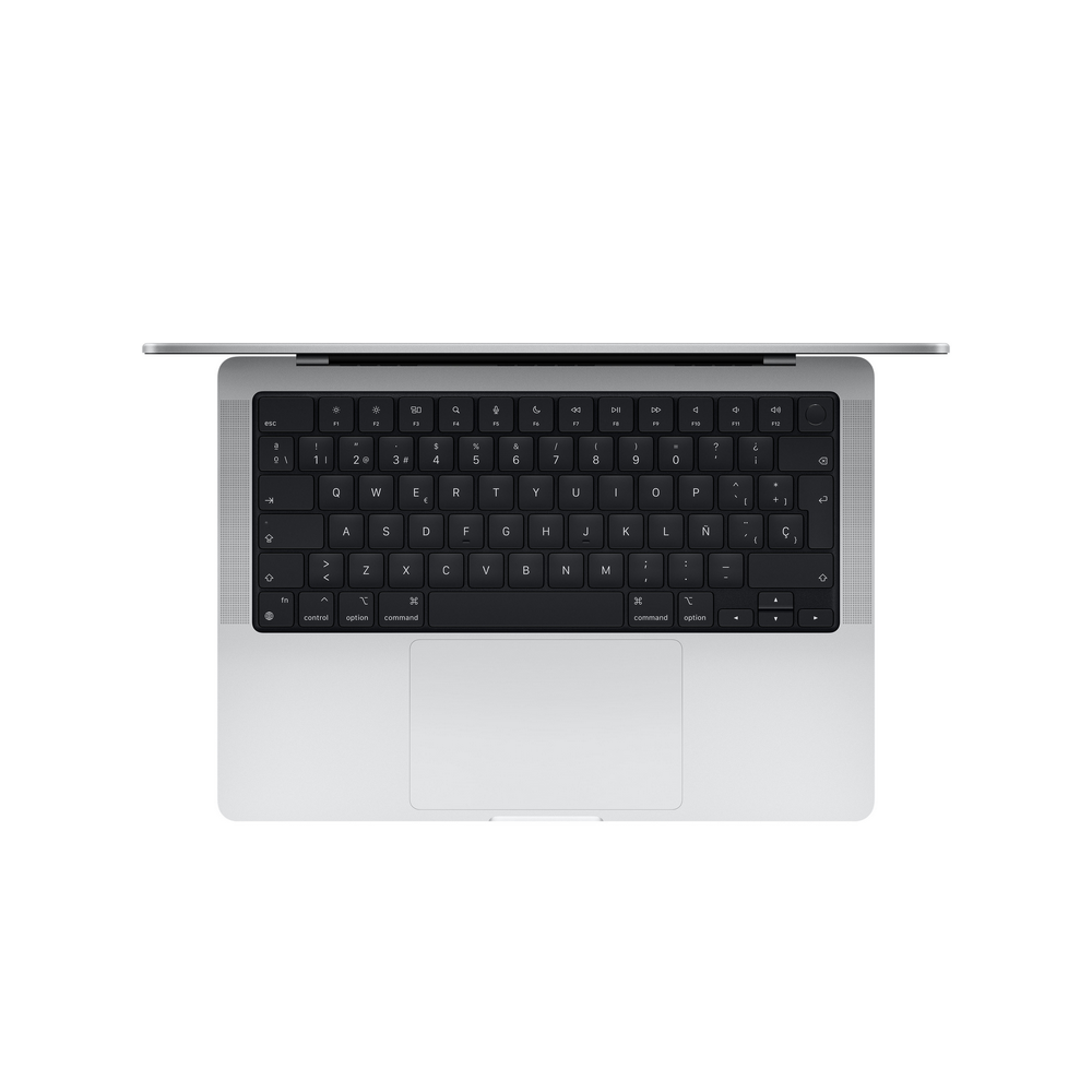 Teclado de MacBook, vista superior, sobre superficie plateada.
