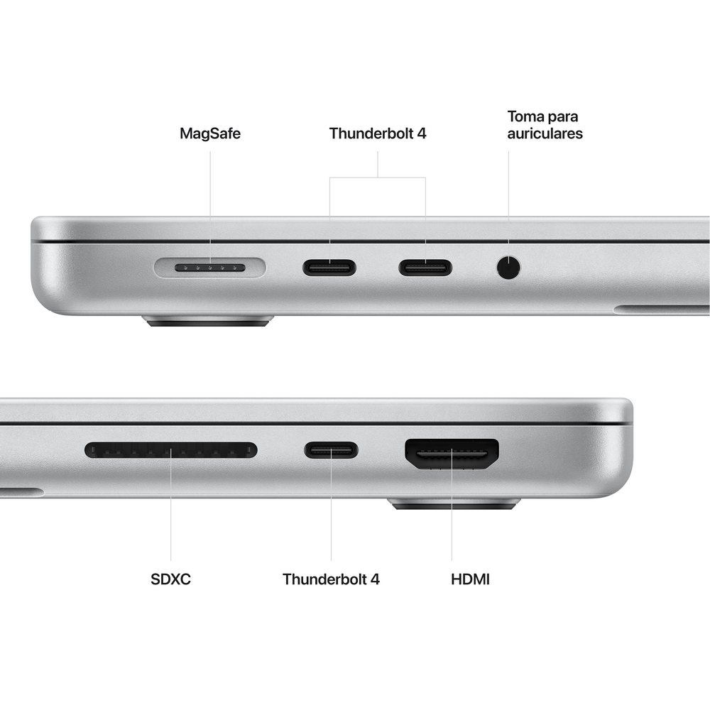 Primer plano de los puertos del portátil: MagSafe, Thunderbolt y conector de auriculares. SDXC, Thunderbolt y HDMI.