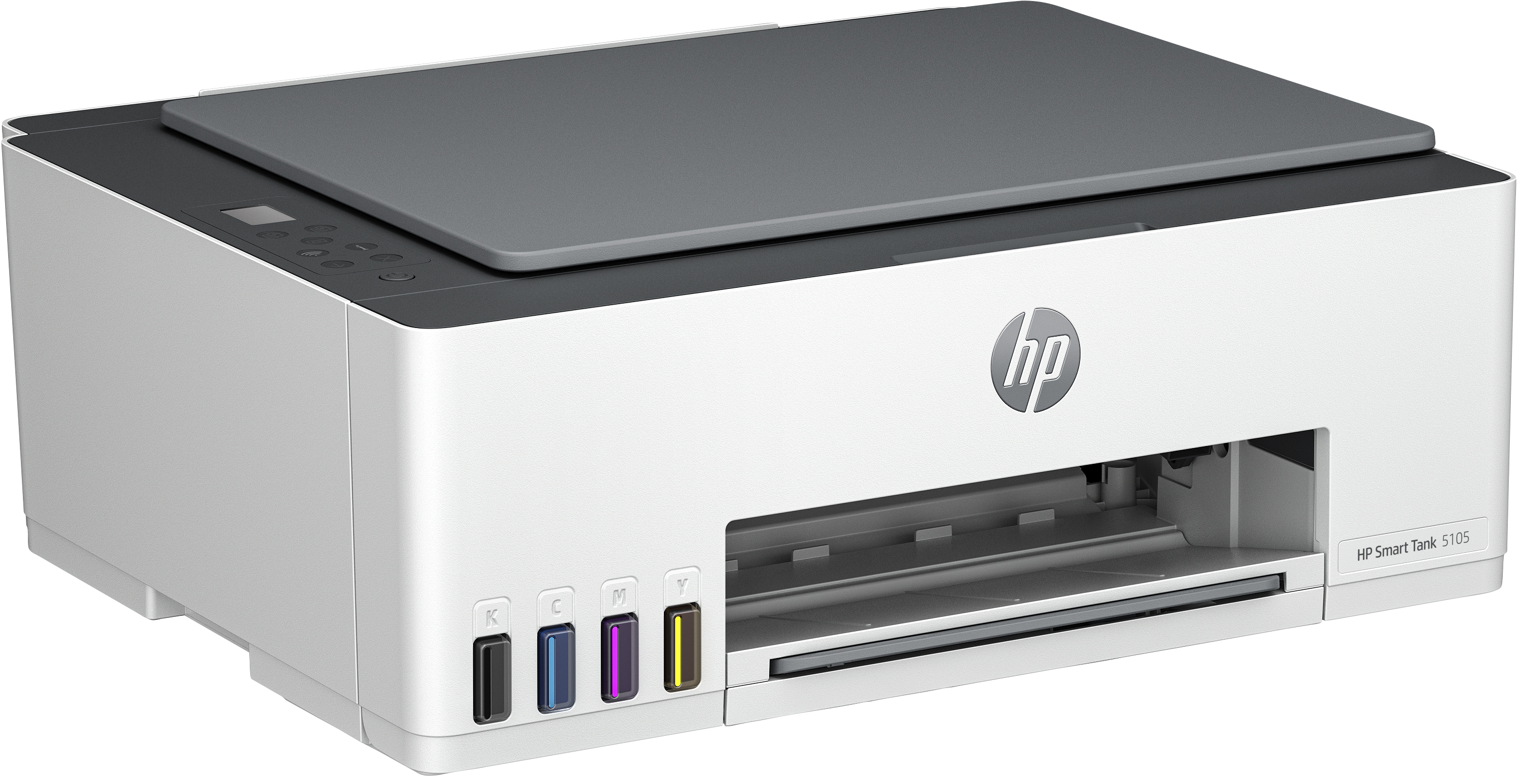 Ein HP Smart Tank 5105 Drucker von vorne, mit vier Tintenpatronen-Steckplätzen.