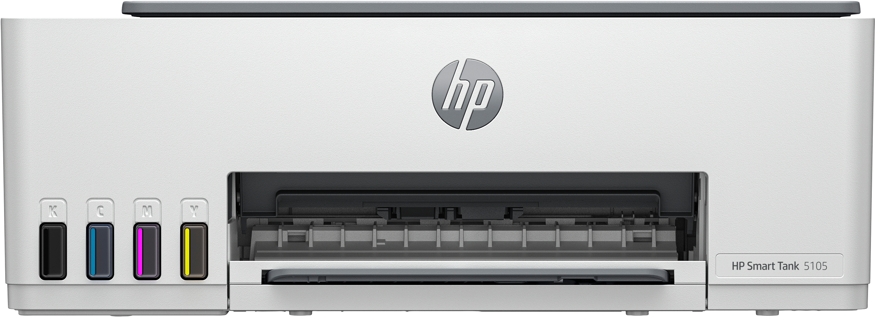 Weißer HP Smart Tank 5105 Drucker mit Tintenanschlüssen und HP-Logo.