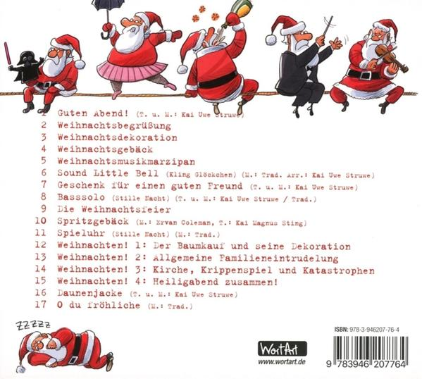 Ein Weihnachtsalbumcover mit Cartoon-Weihnachtsmännern, Text und einer Partitur.