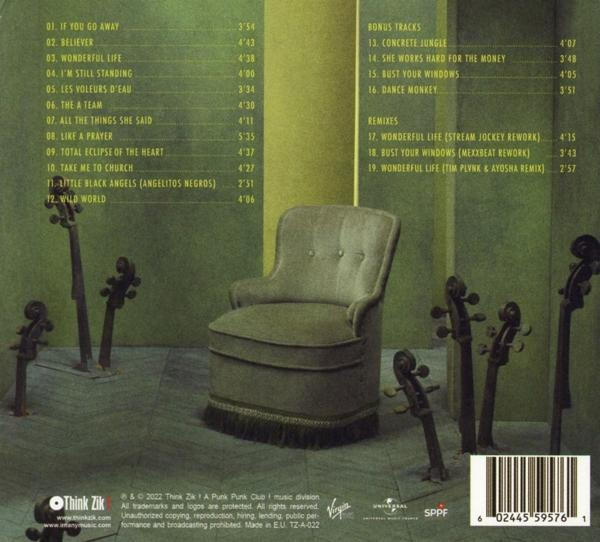 Rückseite einer CD-Hülle mit Titelliste und grünem Hintergrund mit Stühlen und Geigen.