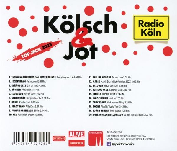 Die Rückseite eines CD-Covers mit Text, roten Punkten und einem gelben Radio Köln Logo. 'Kolsch & Jot' in großen Buchstaben.