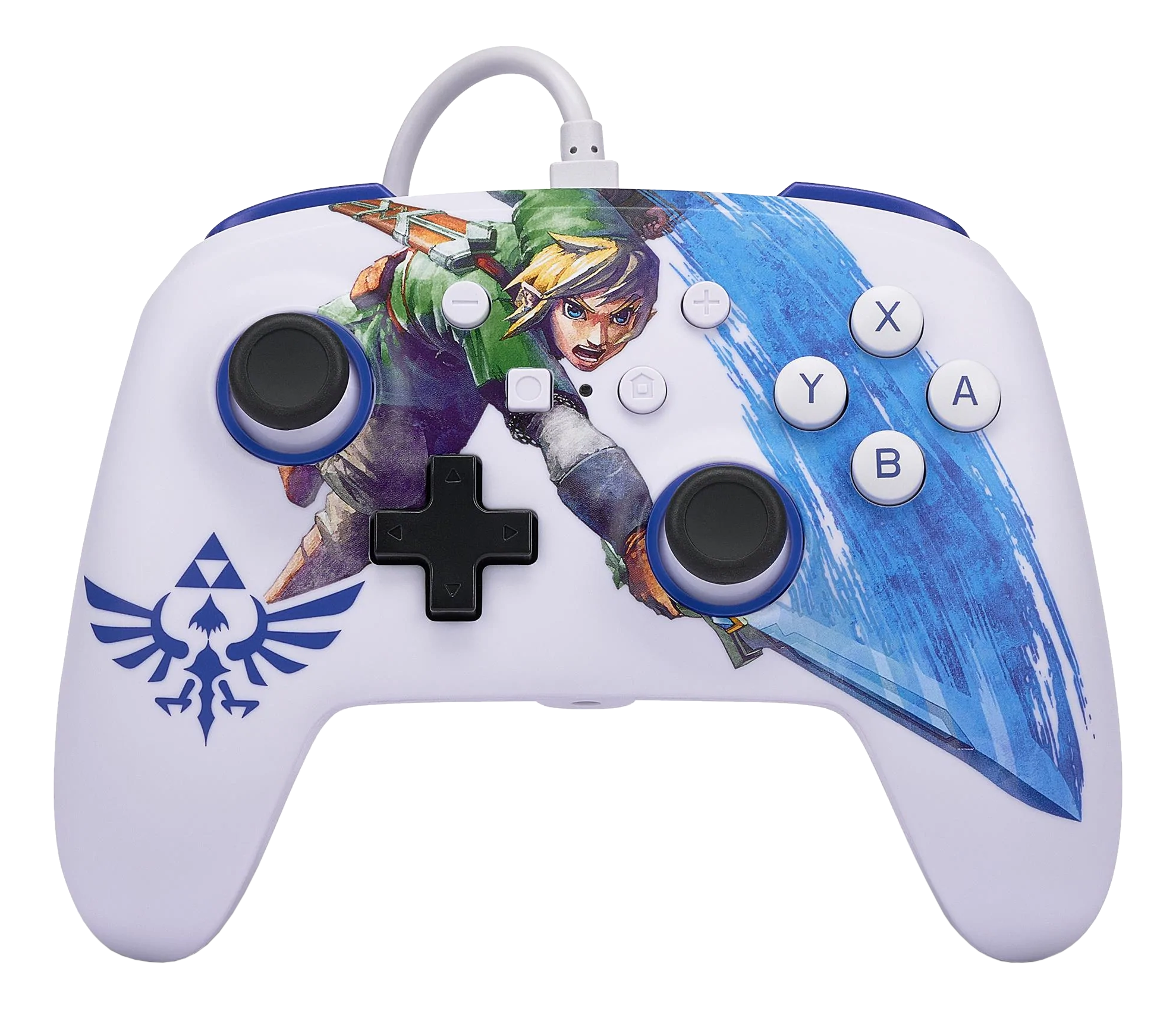 Weiß-blauer Nintendo Switch Controller. Link-Grafik. Knöpfe: X, Y, A, B, Plus und Minus.