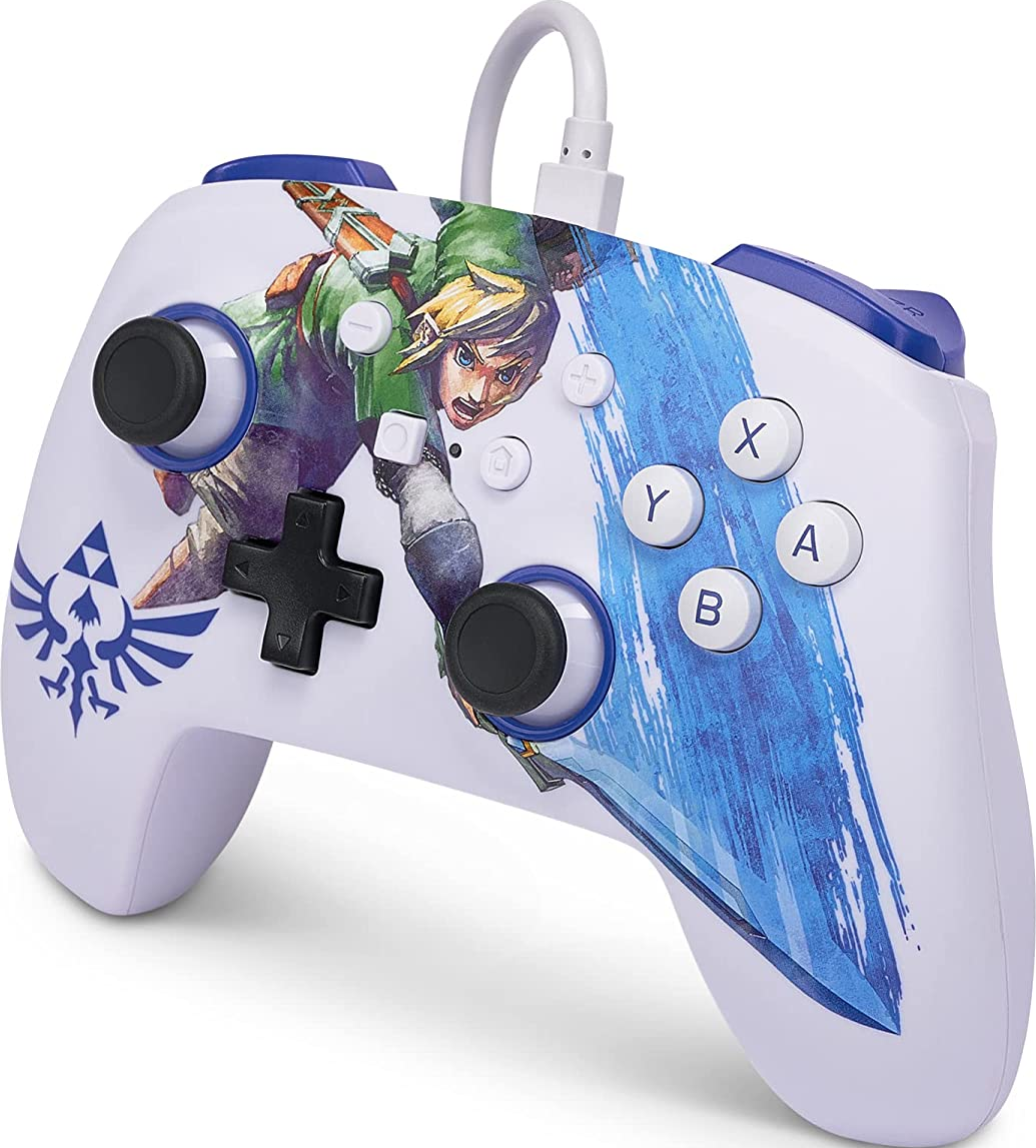 Weiß-blauer Videospiel-Controller mit Link aus Zelda. Knöpfe sichtbar.