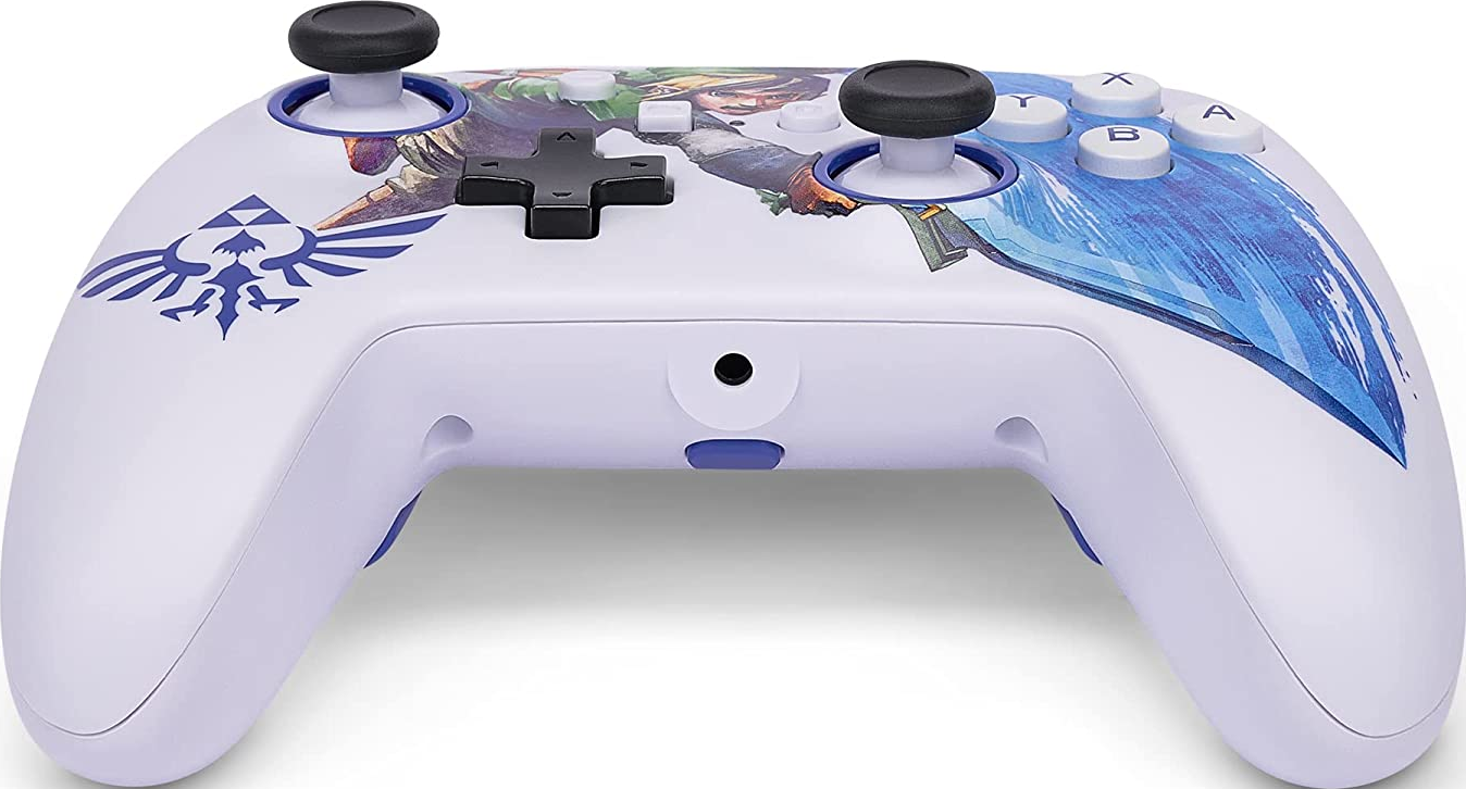 Weiß-lila Gamecontroller mit einem Design von The Legend of Zelda. Es hat zwei Joysticks und Tasten.