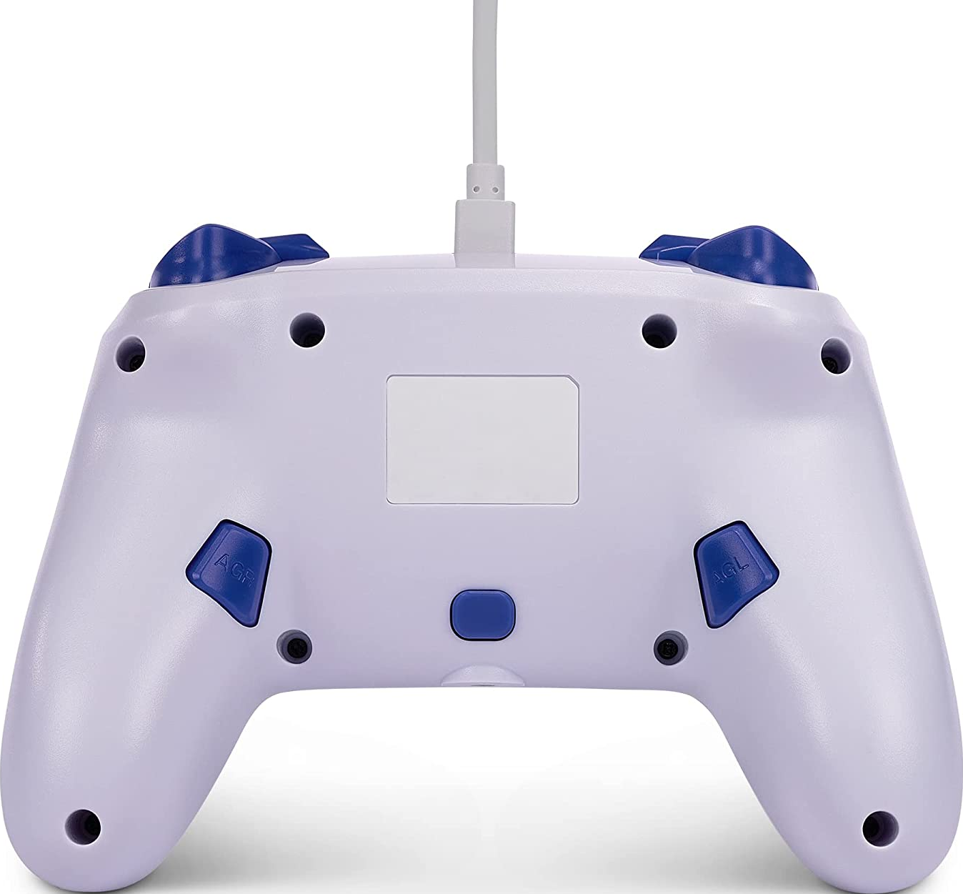 Rückseite eines lila SNES-Controllers mit blauen Knöpfen, einem weißen Rechteck und einem angeschlossenen Kabel.