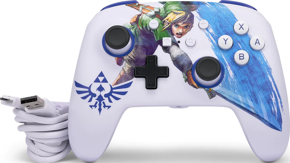 Weißer Nintendo Switch Controller mit Link-Grafik und diversen Knöpfen.