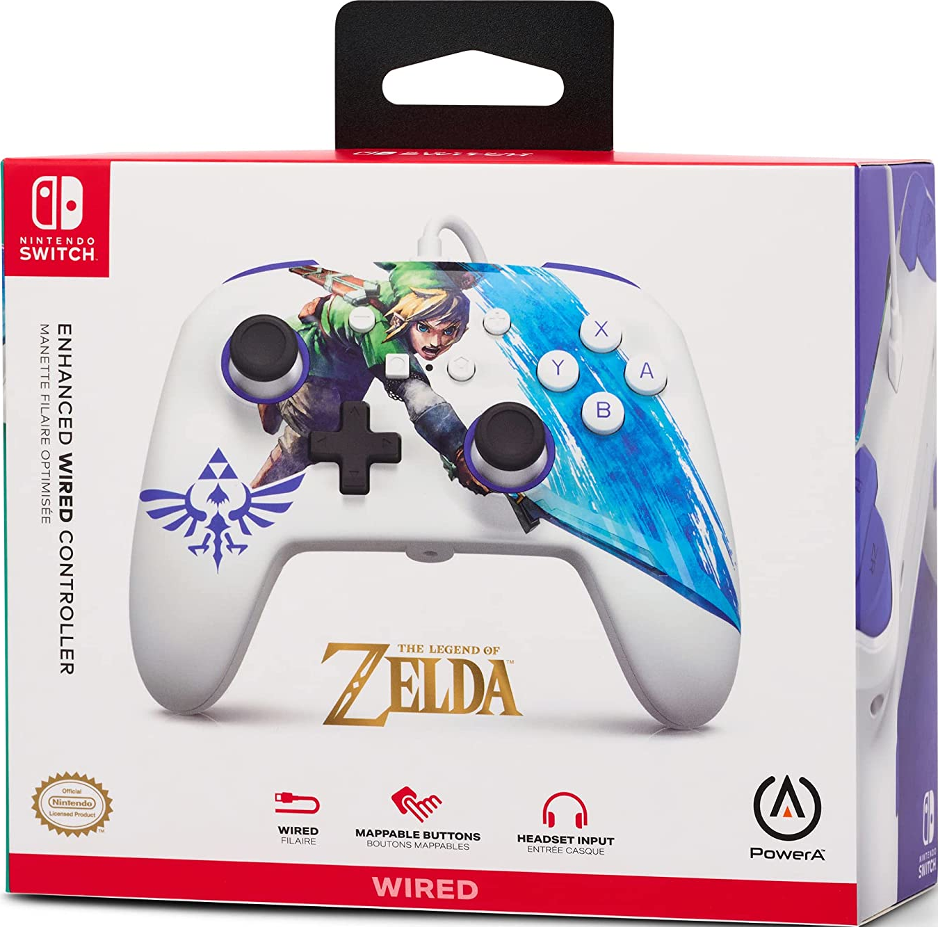 Nintendo Switch Controller-Box mit Zelda-Branding, weißer Controller.