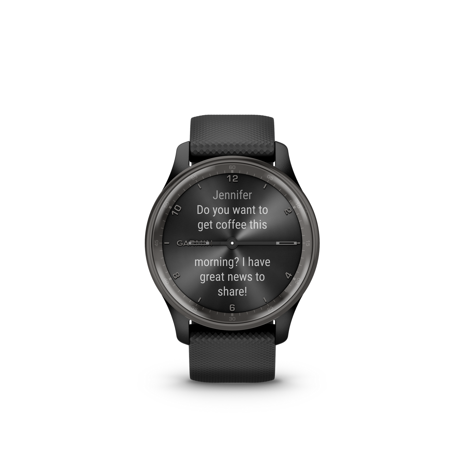 Smartwatch displaying text message: 'Jennifer, do you want to get coffee this morning?' Black background.
