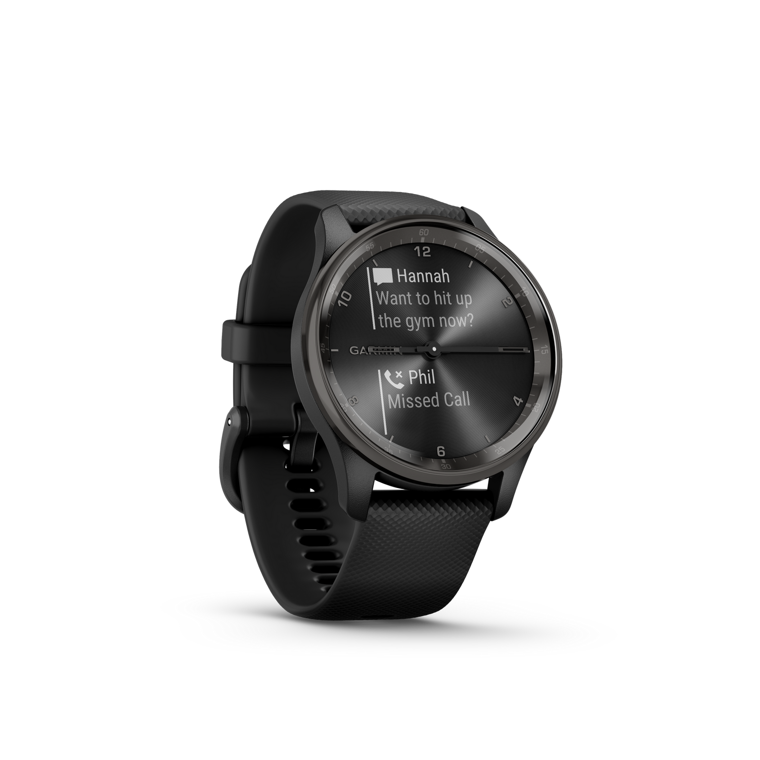 A black Garmin smartwatch displaying a missed call notification.