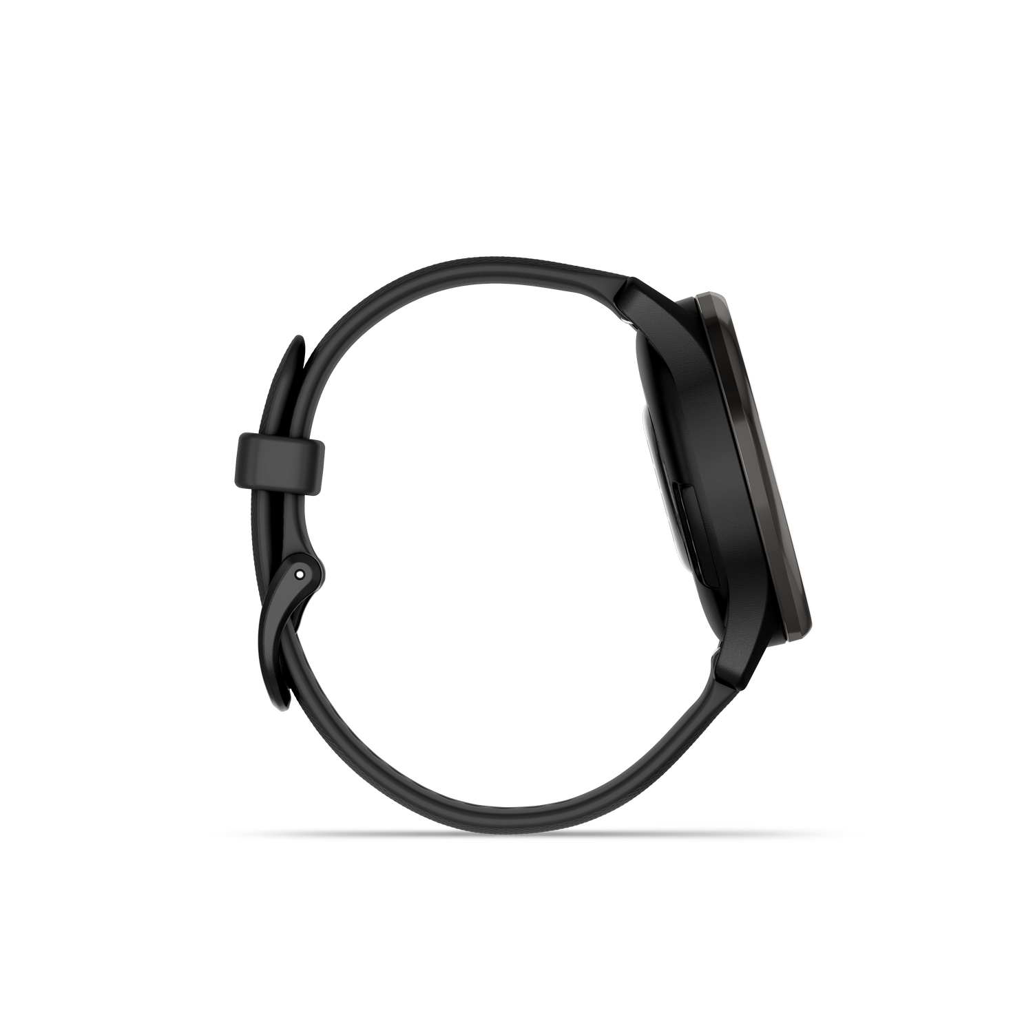 Black smartwatch with a black band, isolated on a black background, side view.