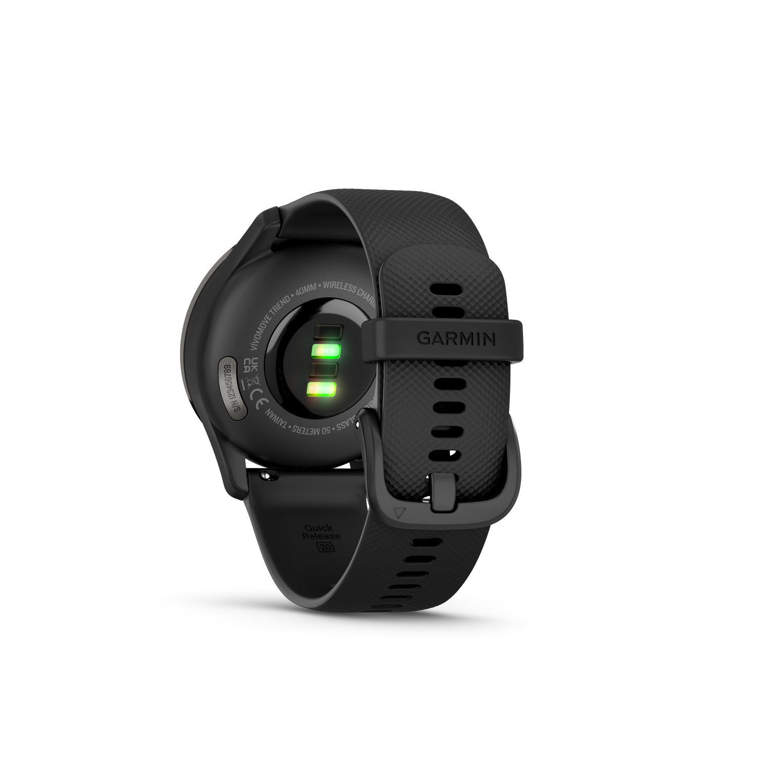 Black Garmin smartwatch, back view, with sensors and a black strap, on a black background.