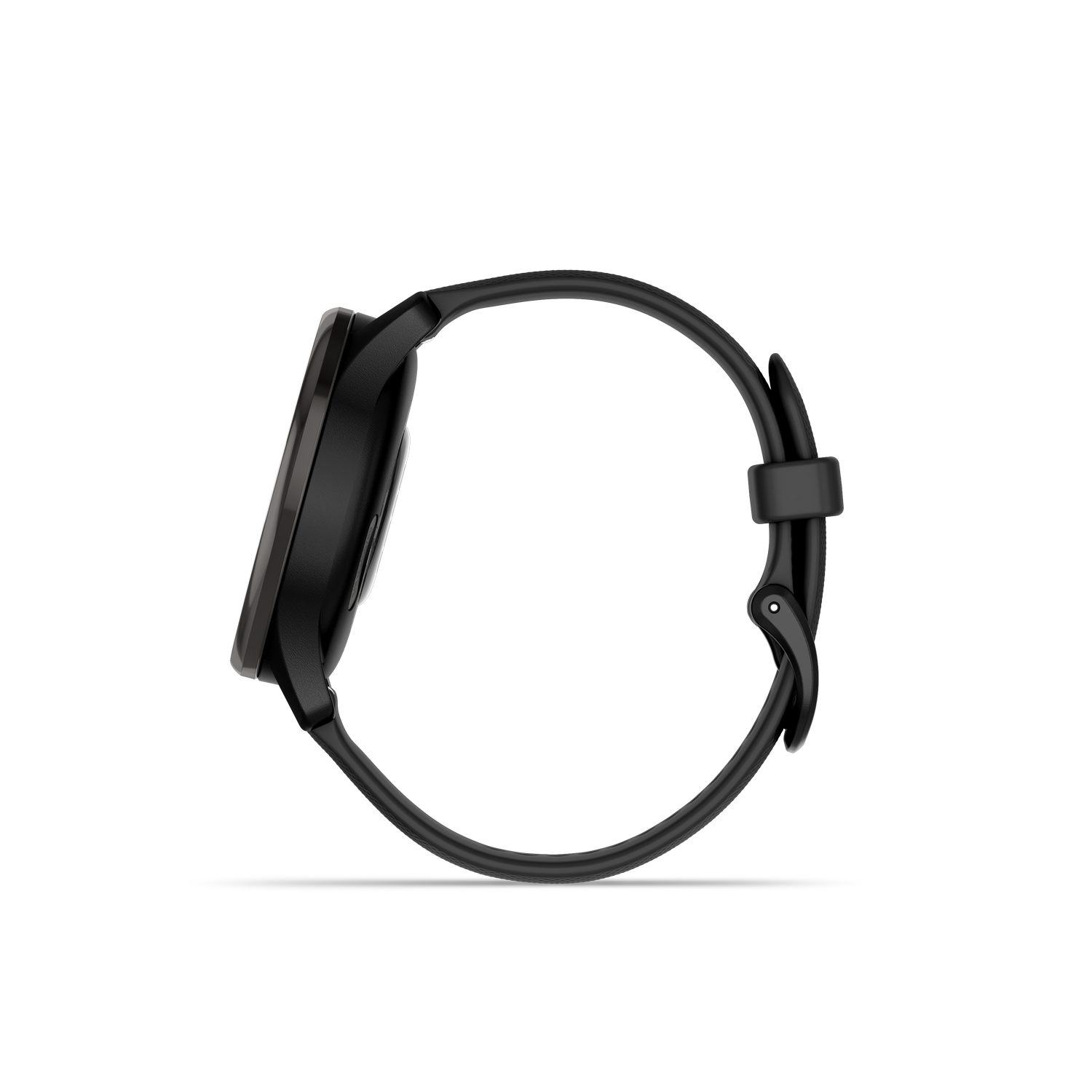 Black smartwatch with a black band, side view.