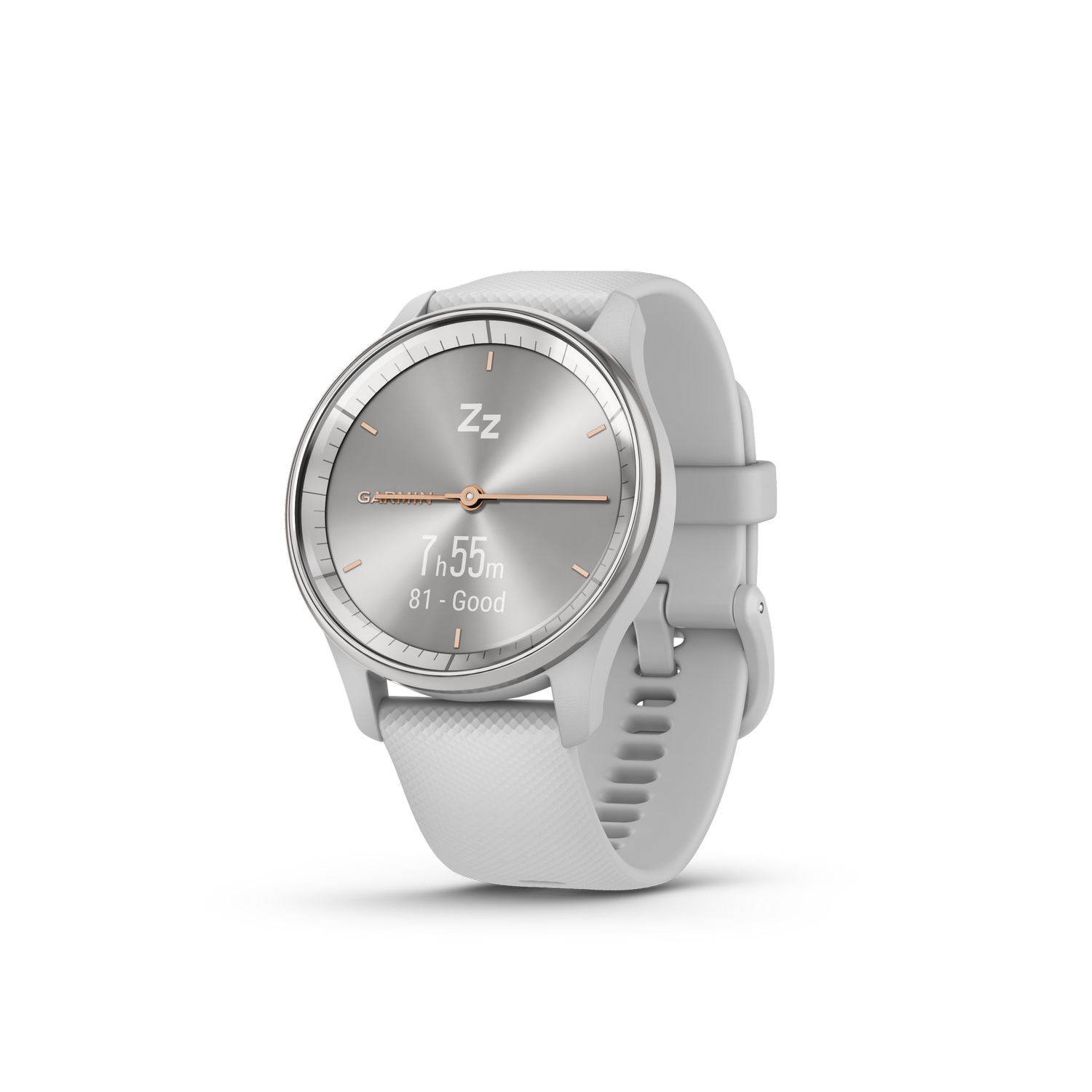 Witte Garmin smartwatch met een zilveren wijzerplaat, roségouden accenten en een witte band.